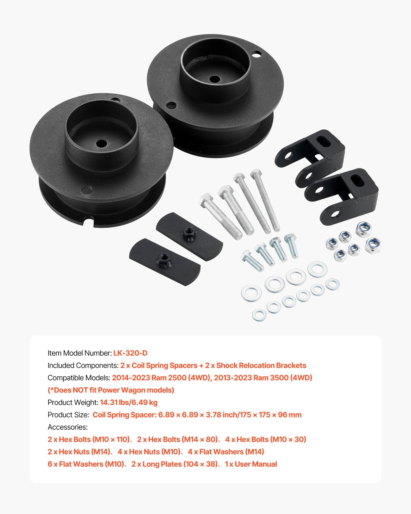 2.5 Inch Front Leveling Lift Kit for 2014-2023 Dodge Ram 2500 4WD, 2013-2023 Ram 3500 4WD, Chassis Level Kit with Coil Spring Spacers & Shock Relocation Brackets, Steel Suspension Leveling Kit