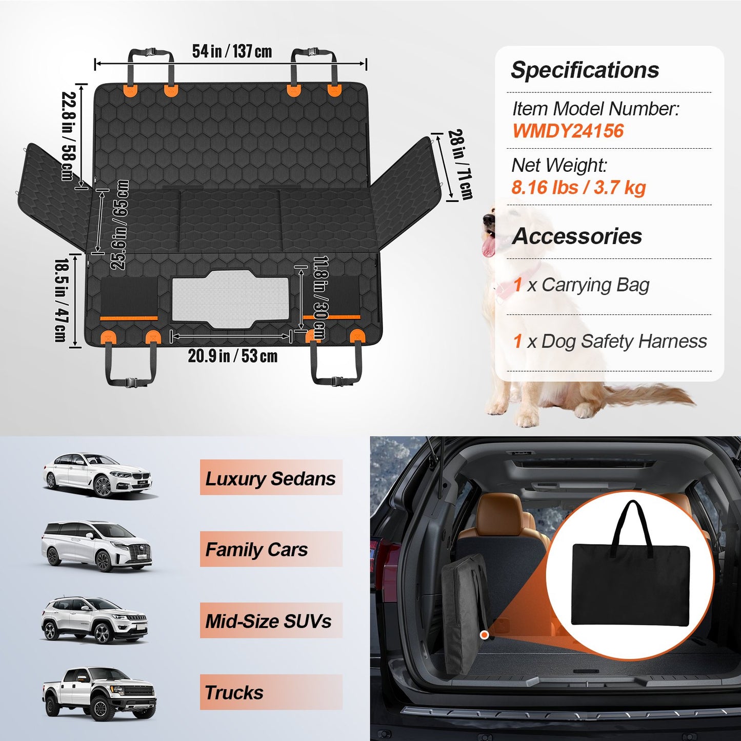 54 x 25.6 in Dog Car Seat Cover for Back Seat Waterproof 600D for Cars