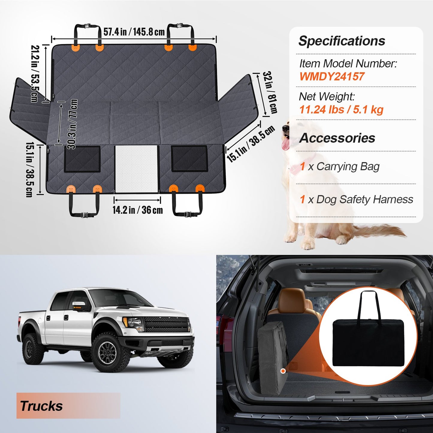 57.4 x 30.3 in Dog Car Seat Cover for Back Seat Waterproof 600D for Truck