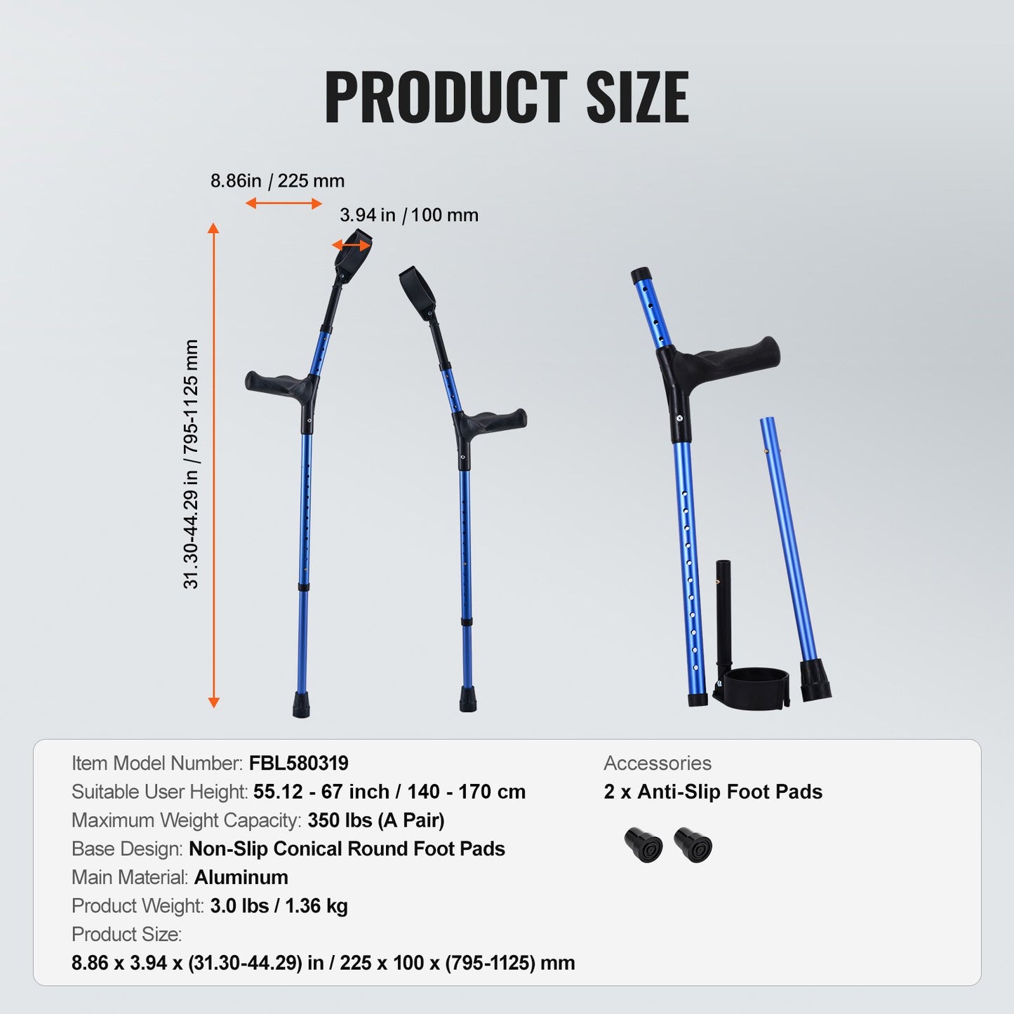 Forearm Crutches for Adults, 11-Level Height Adjustable Walking Crutches with 4-Level Upper Cuff, Lightweight Aluminum Medical Support Crutches for Leg Injury Surgery Disabled, 1 Pair (350LBS)