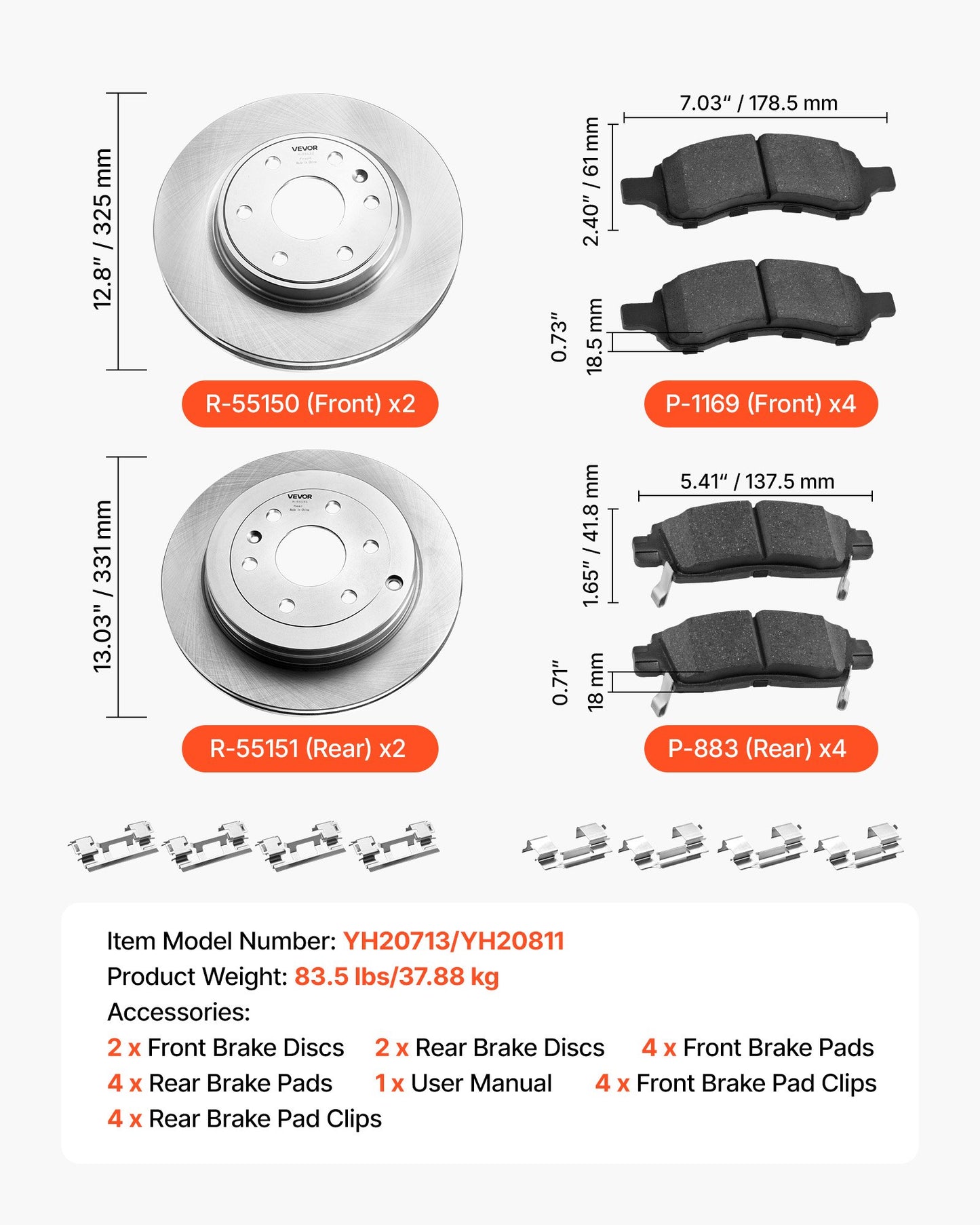 Front & Rear Brake Kit Compatible with 2008-2017 Buick Enclave, 2009-2017 Chevrolet Traverse/2007-2010 Saturn Outlook, 2007-2016 GMC Acadia/2017 GMC Acadia Limited, Hollow Brake Rotors Pads Kit