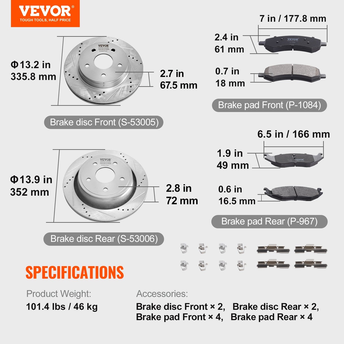 Front and Rear Brake Kit for 06-2018 Dodge Ram 1500, 07-2009 Dodge Durango Chrysler Aspen, Drilled and Slotted Brake Rotors Ceramic Brake Pads Replacement, 13.2" Front Rotors 13.9" Rear Rotors