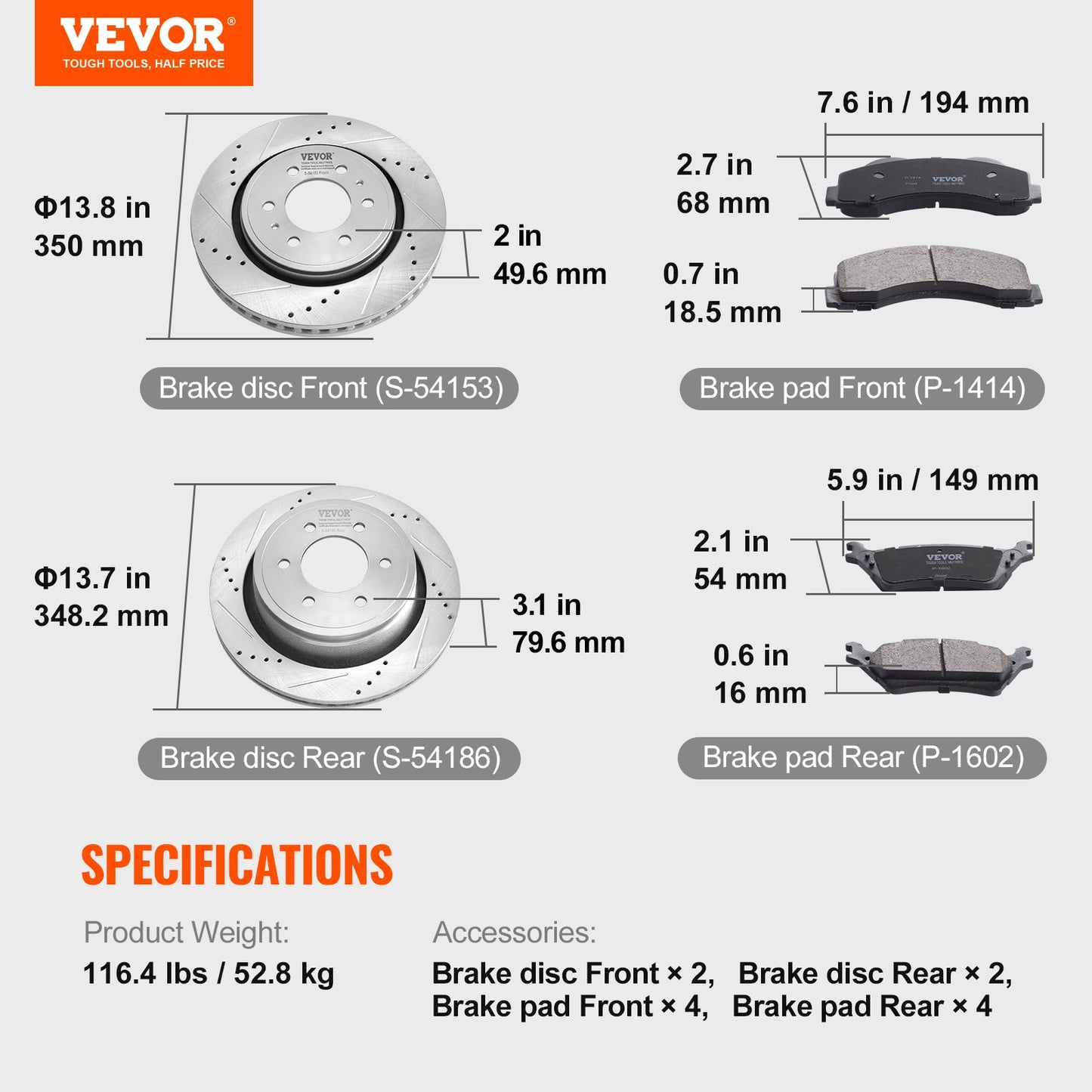Front and Rear Brake Kit Compatible with 2012-2020 Ford F-150(MPB Only), Drilled and Slotted Brake Rotors Ceramic Brake Pads Replacement, 13.8" Front Rotors 13.7" Rear Rotors