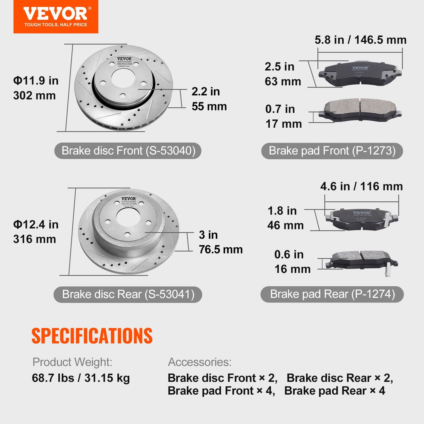 Front and Rear Brake Kit Compatible with 2007-2017 Jeep Wrangler, Drilled and Slotted Brake Rotors Ceramic Brake Pads Replacement, 11.9" Front Rotors 12.4" Rear Rotors