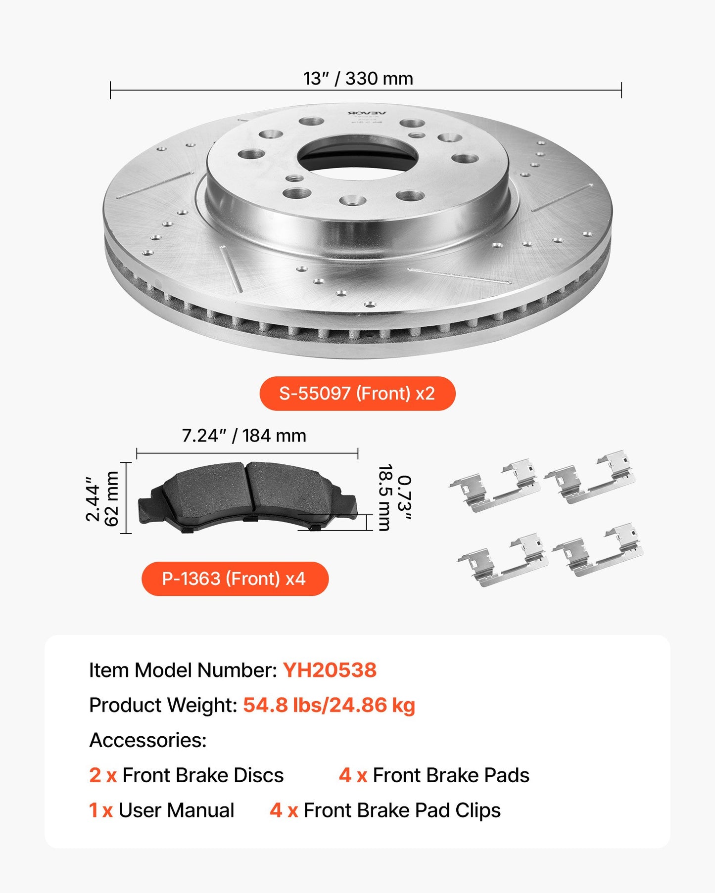 Front Brake Kit Compatible with 2008-2016 Cadillac Escalade/Escalade ESV, 2017-2020 Cadillac Escalade/Escalade ESV (Models without Brembo Brake Package), Drilled & Slotted Brake Rotors Kit