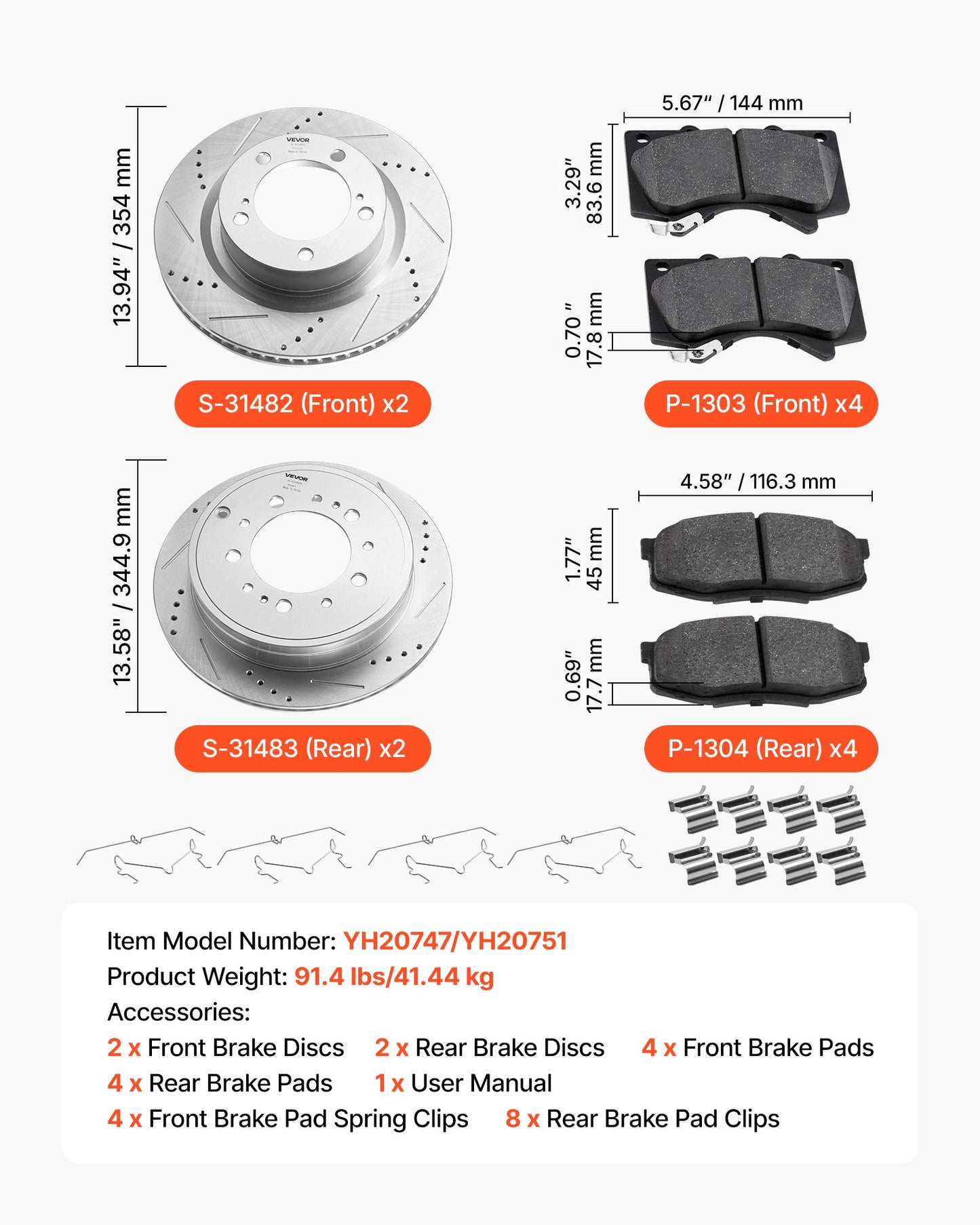Front & Rear Ceramic Brake Kit Compatible with 2016-2021 Lexus LX570, 2016-2021 Toyota Land Cruiser, Drilled and Slotted Brake Rotors Ceramic Brake Pads Replacement Kit, 14 inch Front Rotors