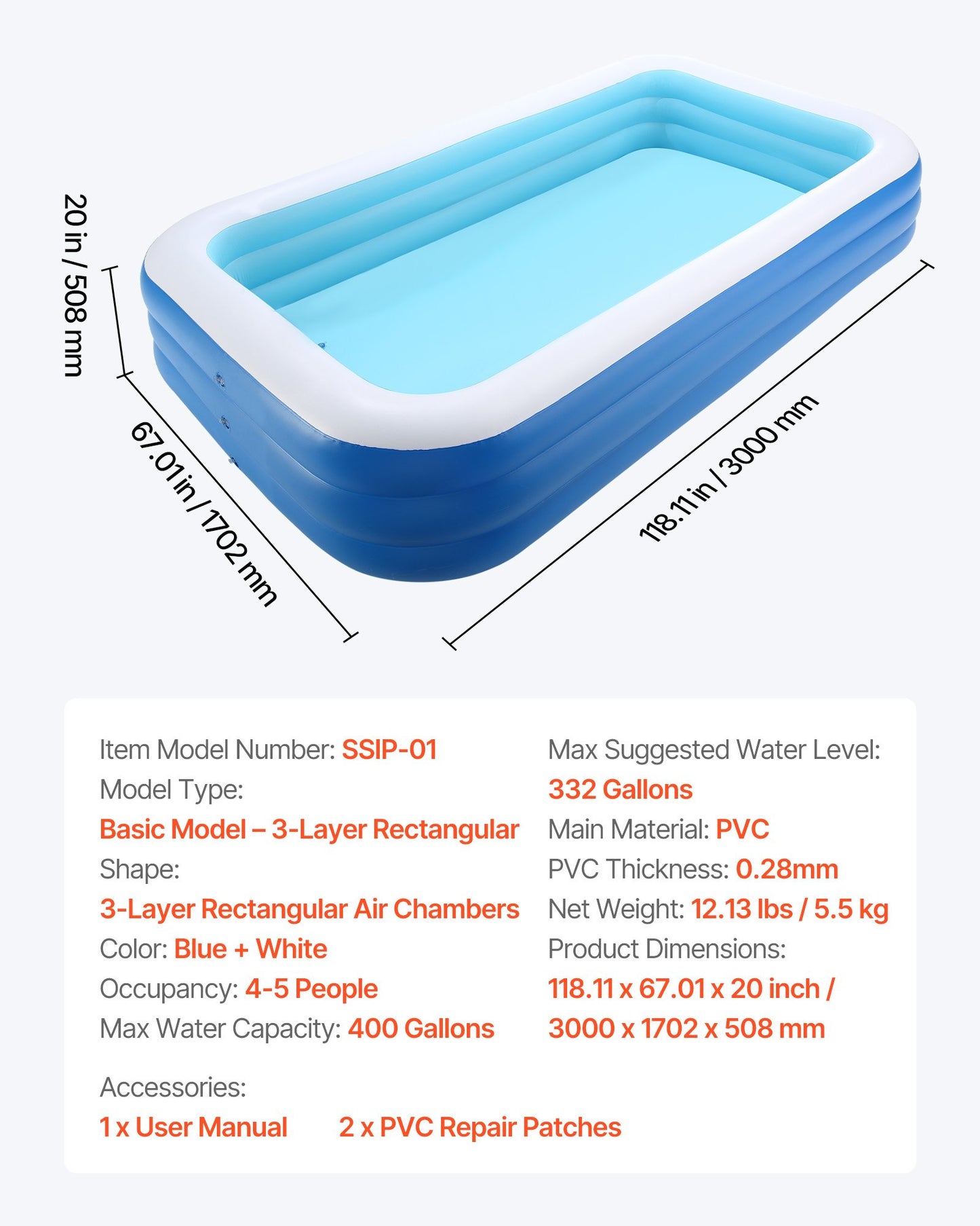 Inflatable Pool, 118 x 67 x 20 inch Large Inflatable Swimming Pool, Family Large Swimming Pools with Repair Patches, Blow Up Pools for Kids, Adults, Family, Indoor Outdoor, Summer Water Party
