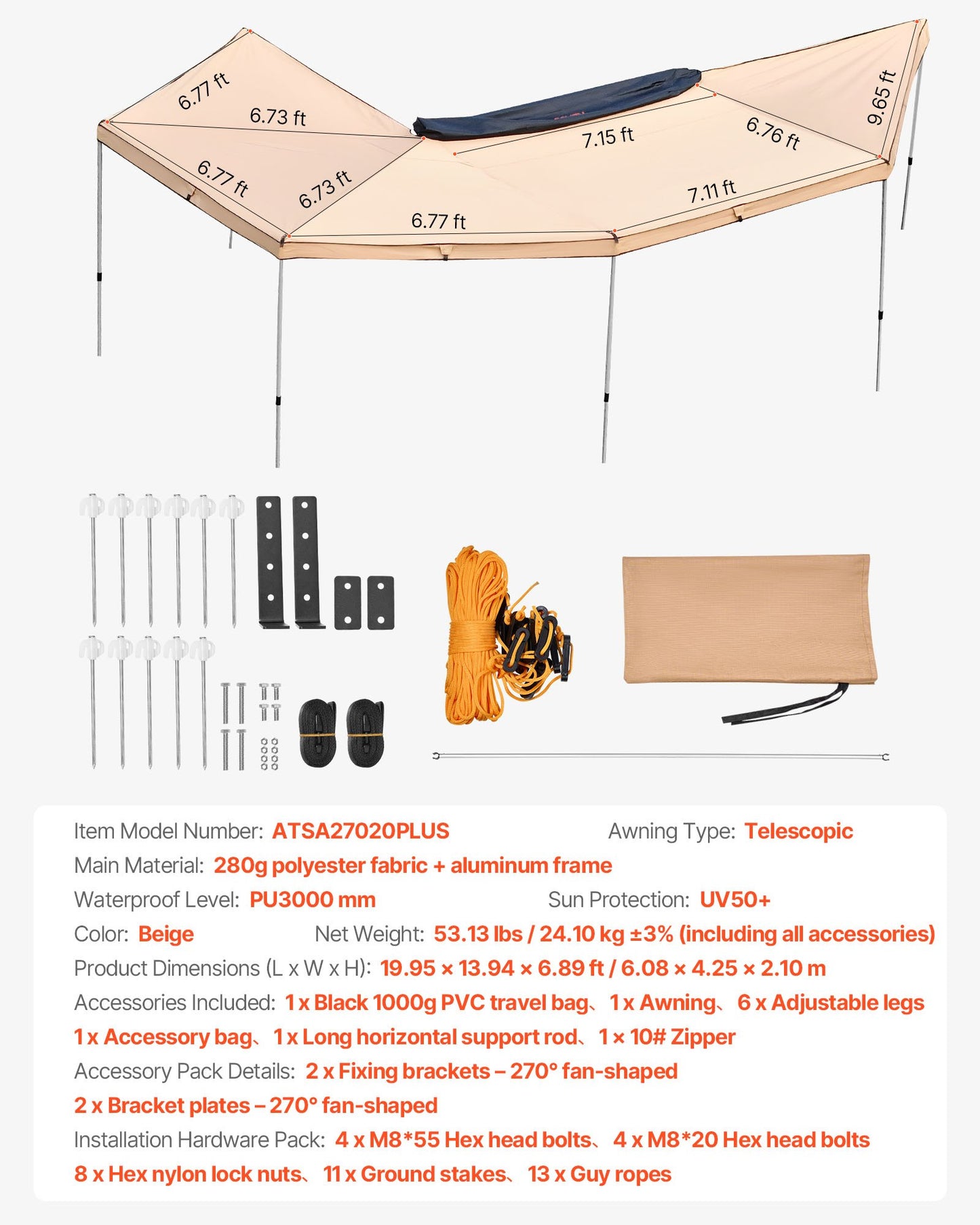 270 Degree Awning, 133 sq.ft Driver Side Vehicle Awning, Waterproof UV50+ Car Side Awnings with Carry Bag, All-Weather Free-Standing Overland Awnings Car Shelter for SUV Van Truck Camping