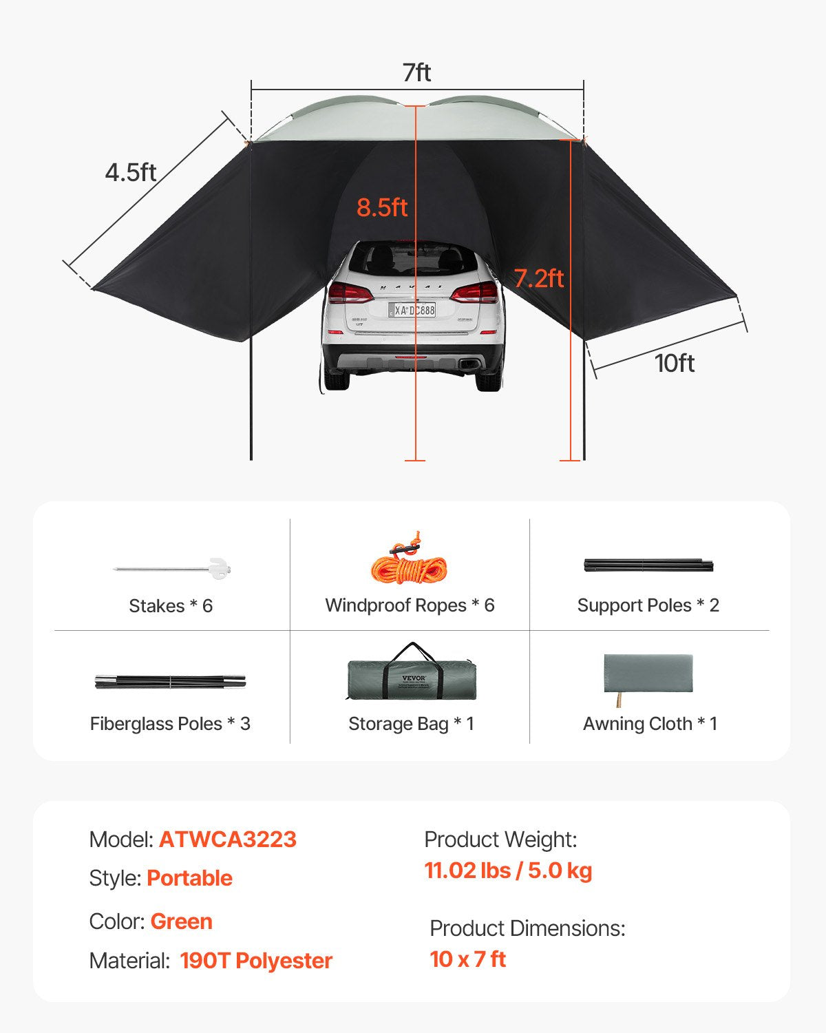 Vehicle Awning, Large 10' x 7' Shade Coverage Car Side Awning, PU2000mm UV50+ Car Awning with Extended Side Canopies and Portable Storage Bag, Suitable for Truck, SUV, Van, Campers