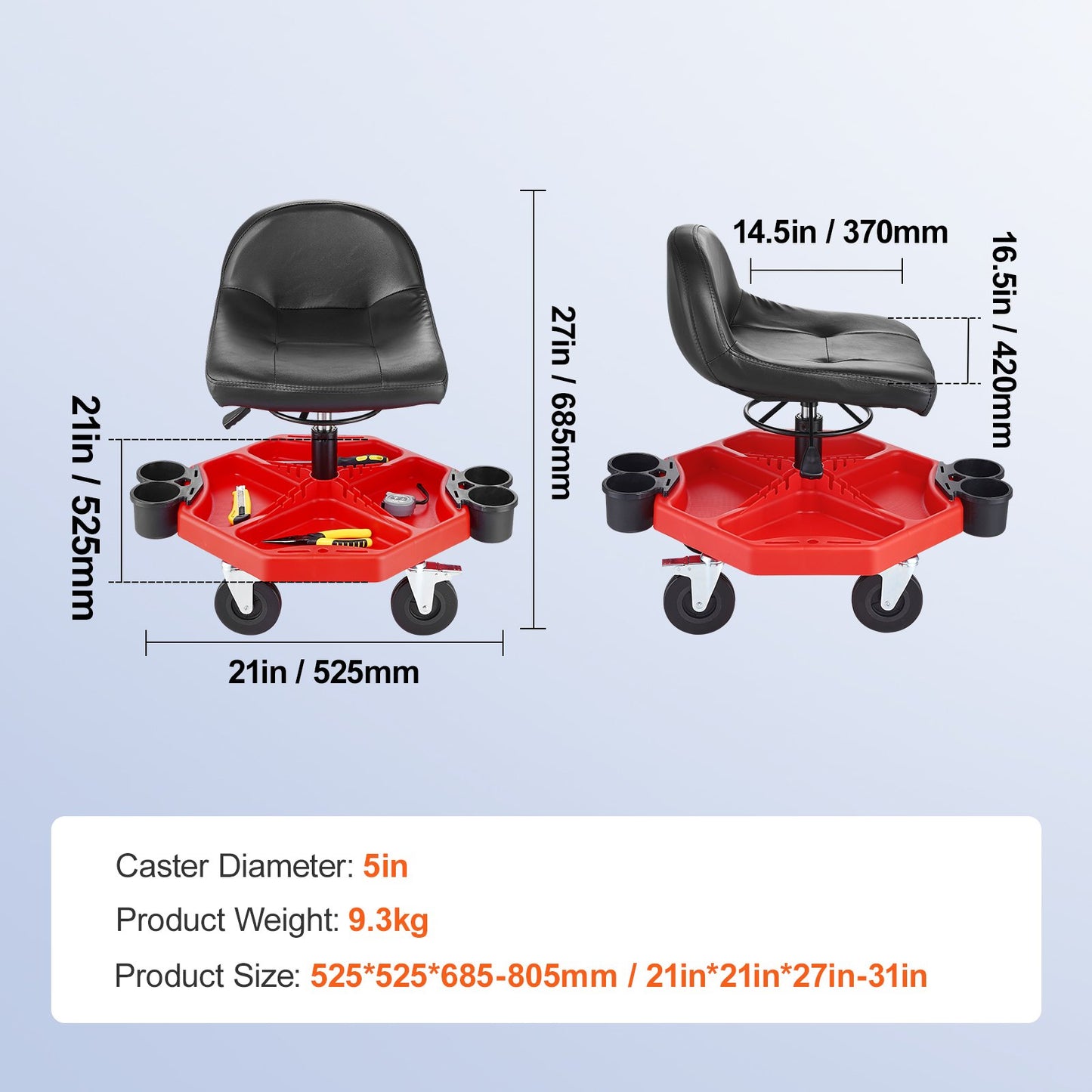 Rolling Garage Stool, Adjustable Height, 17 x 15 in Comfort Cushion,Round Shop Stool with Parts Tray,All-Terrain 5" Casters with Two Brakes Mechanic Roller Seat