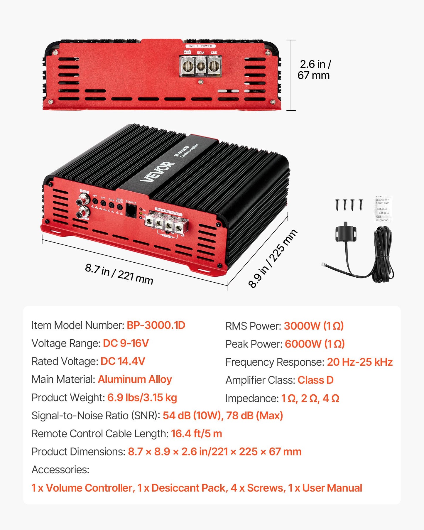 Monoblock Car Amplifier, 3000W RMS MAX, 1/2/4 Ohm Stable, 1-Channel Class D Car Audio Amplifier with Remote Subwoofer Level Control, Low Pass Filter and Bass Boost, Volume Controller Included