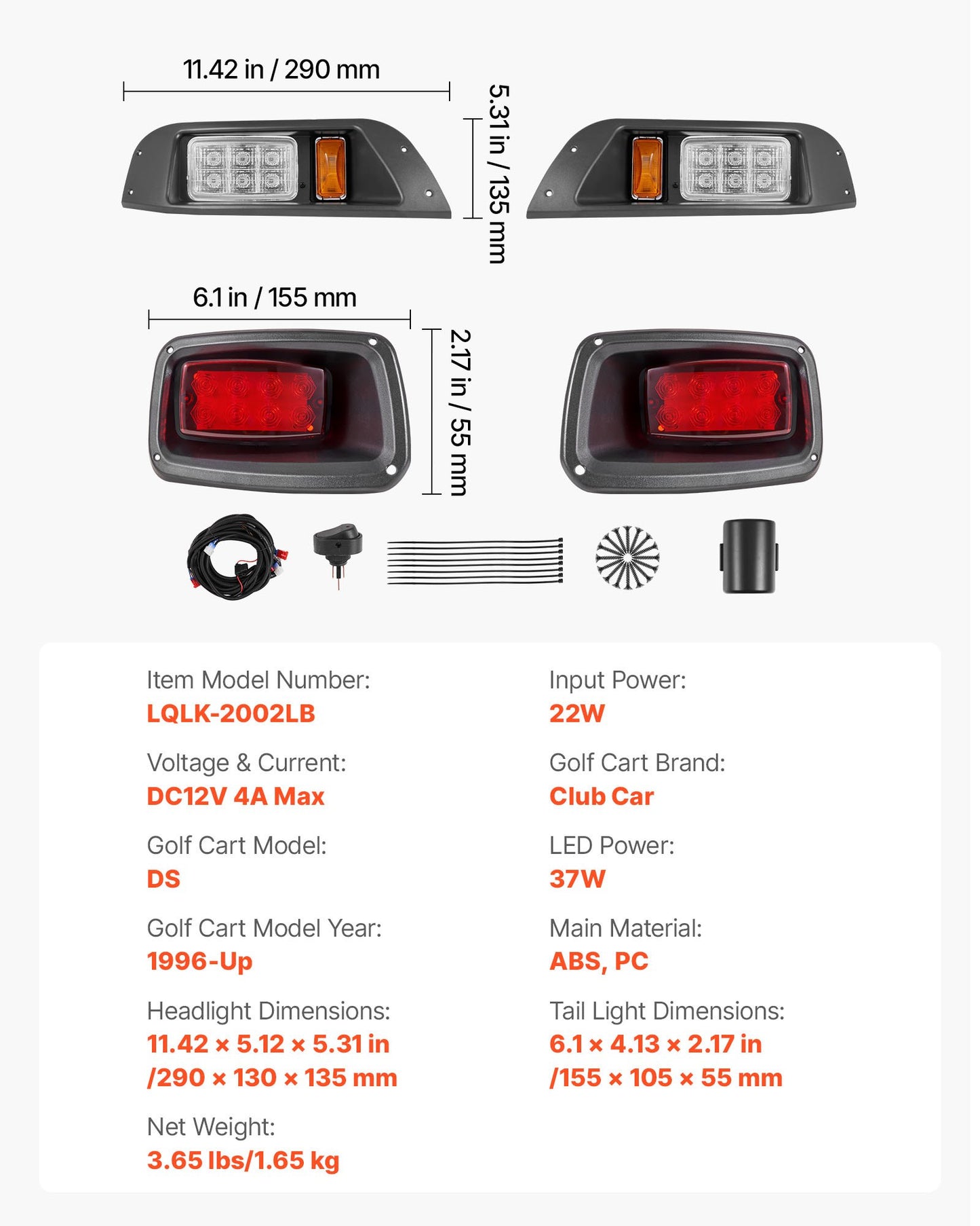 Golf Cart Light Kit, 12V, LED Headlight and Taillight Kit with Wiring Harness, Switch, Zip Ties, ABS Housing, High-Brightness, Waterproof and Dustproof, Suitable for Club Car DS 1993-Up Models