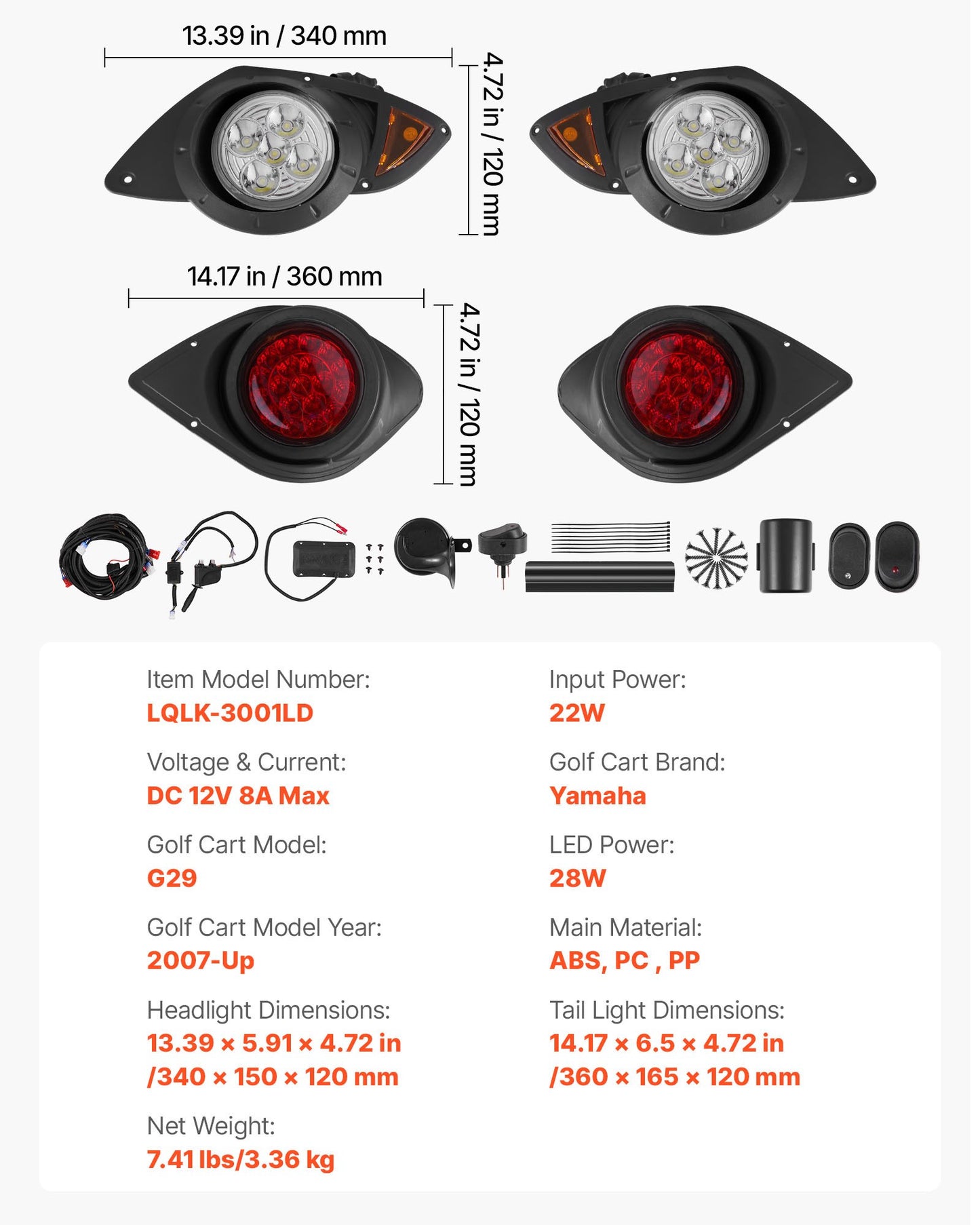 Golf Cart Light Kit, 12 Volt, Street Legal LED Headlight and Taillight Kit with Wiring Harness, Turn Signals, Hazard Light, Switch Horn, Brake Pad, Zip Ties, ABS Housing, for Yamaha G29 2007-Up