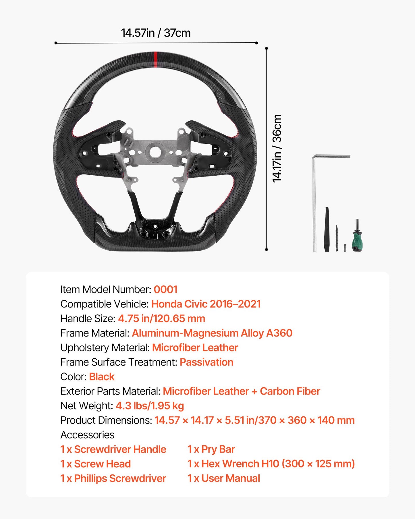Steering Wheel for 2016-2021 Honda Civic, Carbon Fiber Steering Wheel D-Shaped Flat-Bottom, Leather Grip with Non-Slip Texture & Precise Stitching, Accessories Replacement for Honda Civic, Black