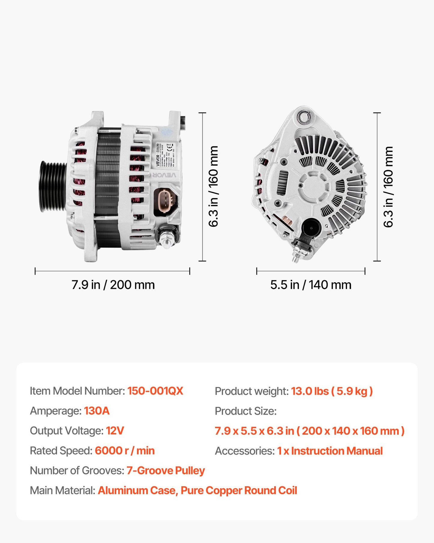 Car Alternator 11341, Fit for Nissan Altima V6 3.5L 2007-2010, Maxima 2009-2010, Murano 2009-2014, Quest 2011-2017, for Saturn Aura 2007-2008, Automotive Replacement Alternator 11557, AMT0228