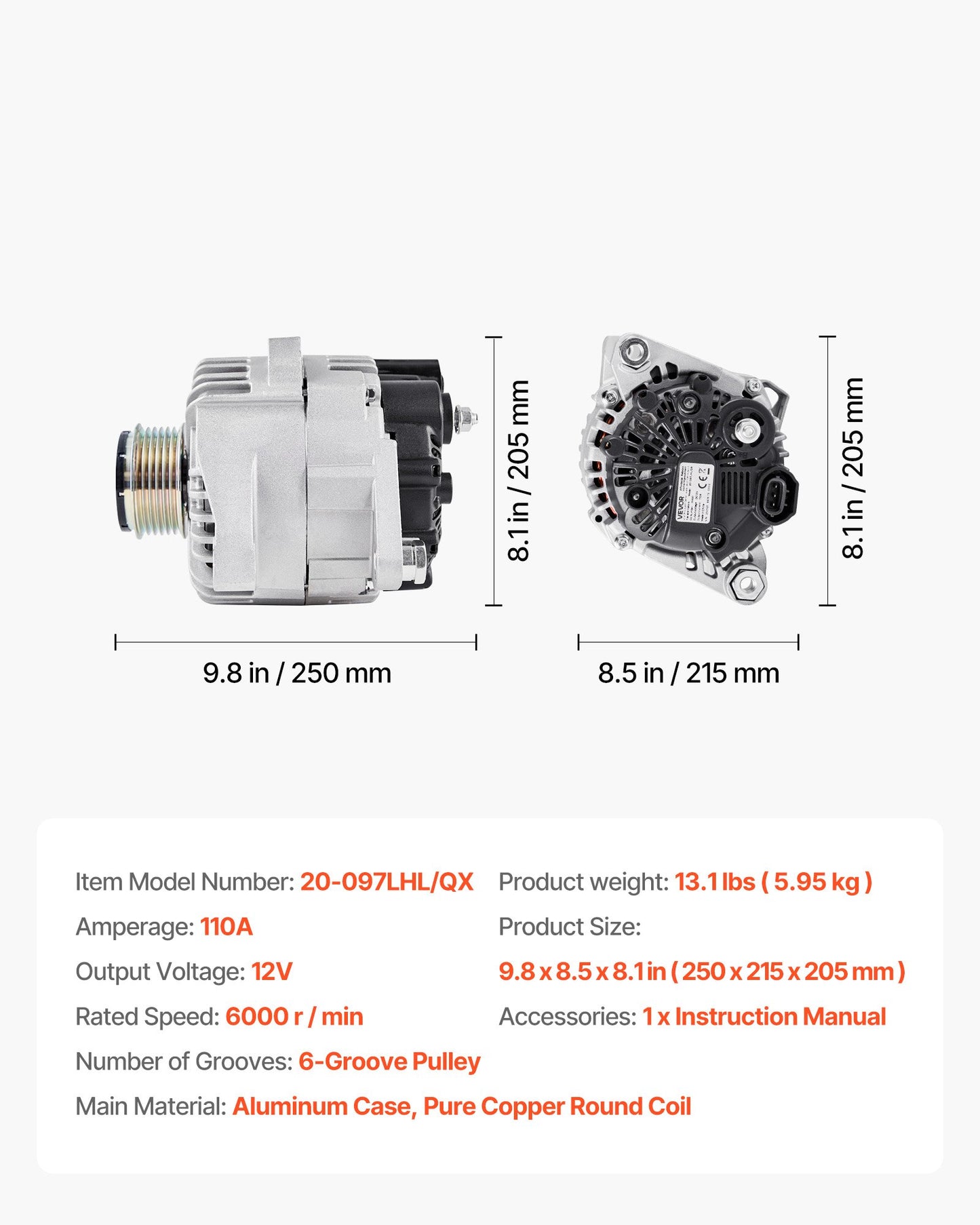 Car Alternator 11491, Compatible with Hyundai Sonata 2.4L 2010-2013, Kia Optima 2.4L 2011-2013, Automotive Replacement Alternator with Aluminum Housing and Pure Copper Round Coil, 37300-2G150