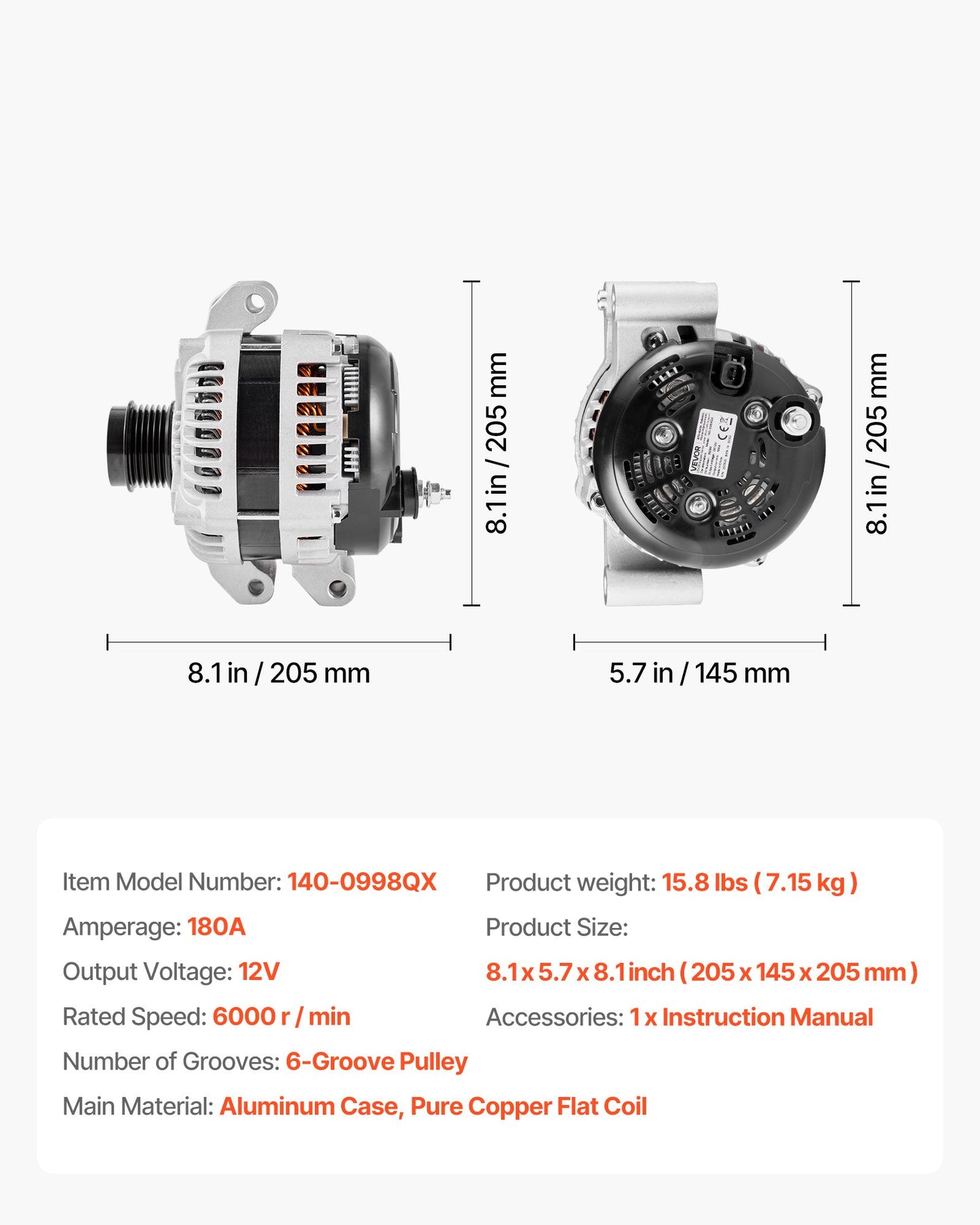 Car Alternator 11598, Fit for Dodge Challenger V6 3.6L 2015-2021, Charger 2011-2021, Durango 2011-2020, Jeep Grand Cherokee 11-20, Ram 1500 13-15, Automotive Replacement Alternator 4210007040