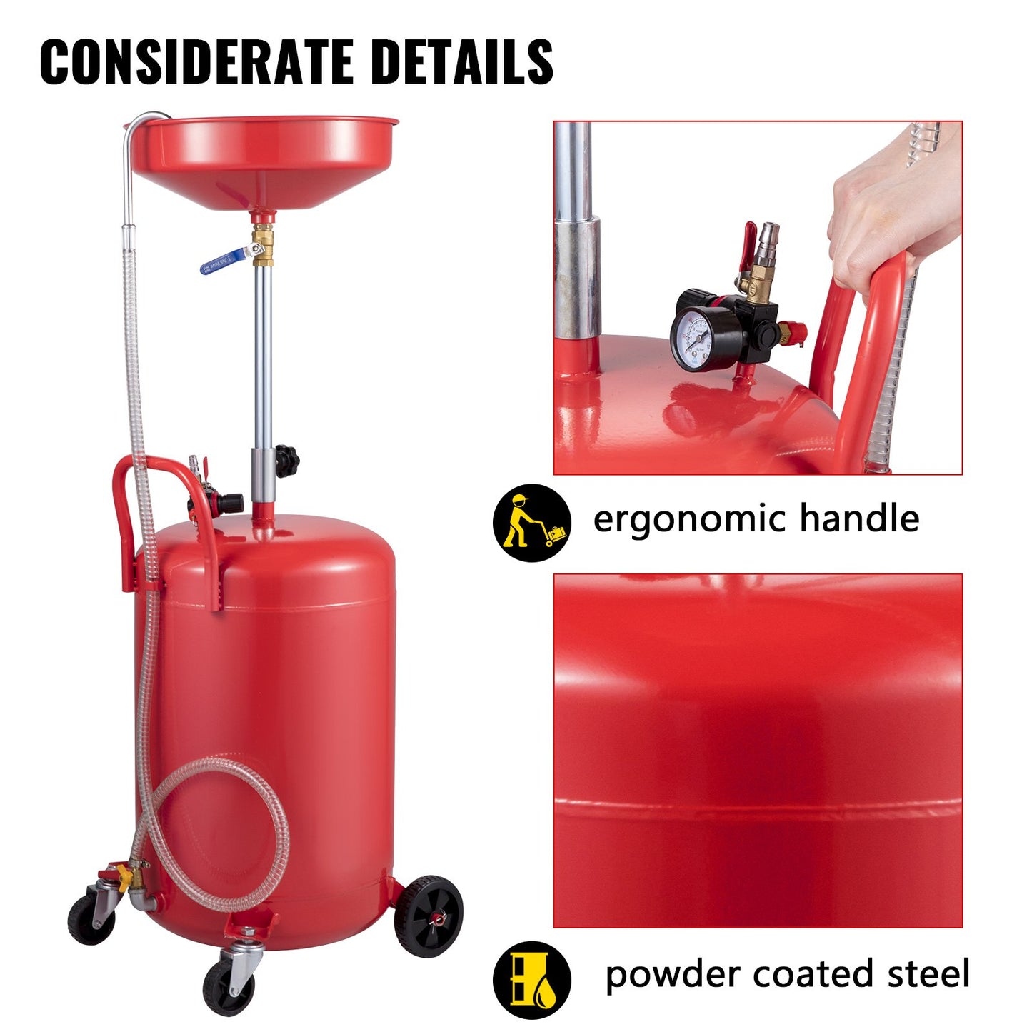 Waste Oil Drain Tank 20 Gallon Portable Oil Drain Air Operated Drainer Oil Change, Oil Drain Container, Fluid Fuel Transfer Drainage Adjustable Funnel Height, with Pressure Regulating Valve