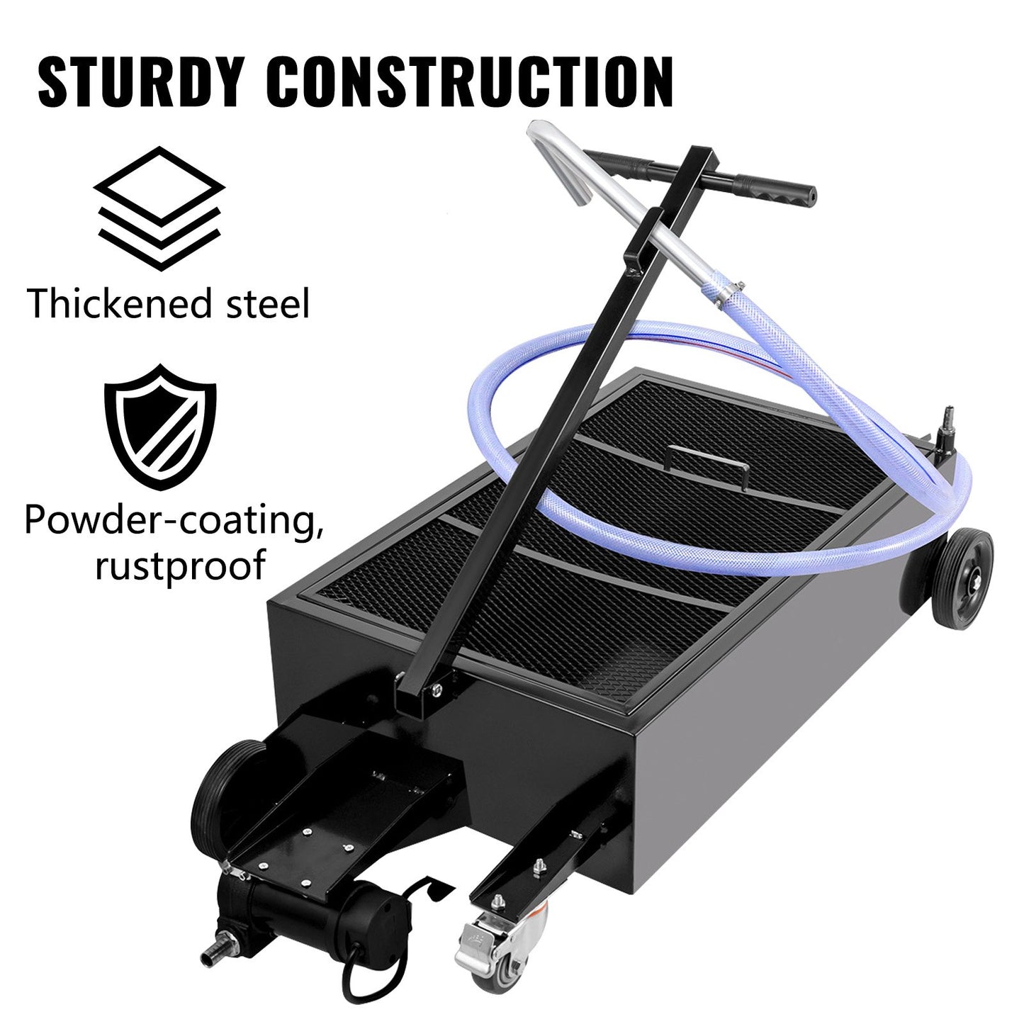 Oil Drain Pan 25 Gallon Oil Drain Tank, 95L Low Profile Oil Drain Pan, Large Capacity Oil Change Pan, Foldable Hand, with Electric Pump, Hose, Swivel Casters for Car, SUV, Trucks Oil Draining