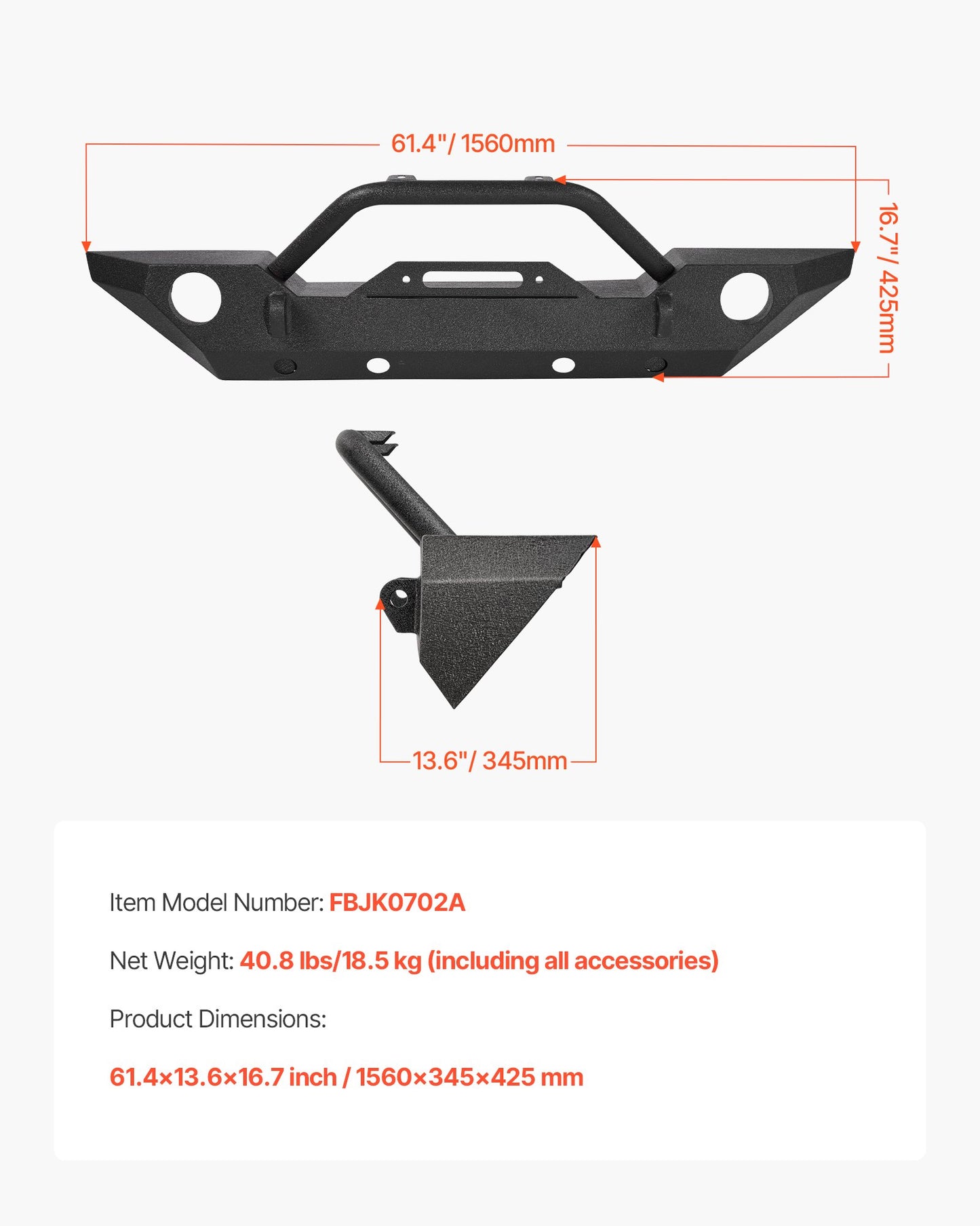Front Bumper Compatible with 2007-2018 Wrangler JK/JKU - with Winch Plate, D-Ring Mounts & Fog Light Housing, Heavy-Duty Steel Front Bumper with E-Coating