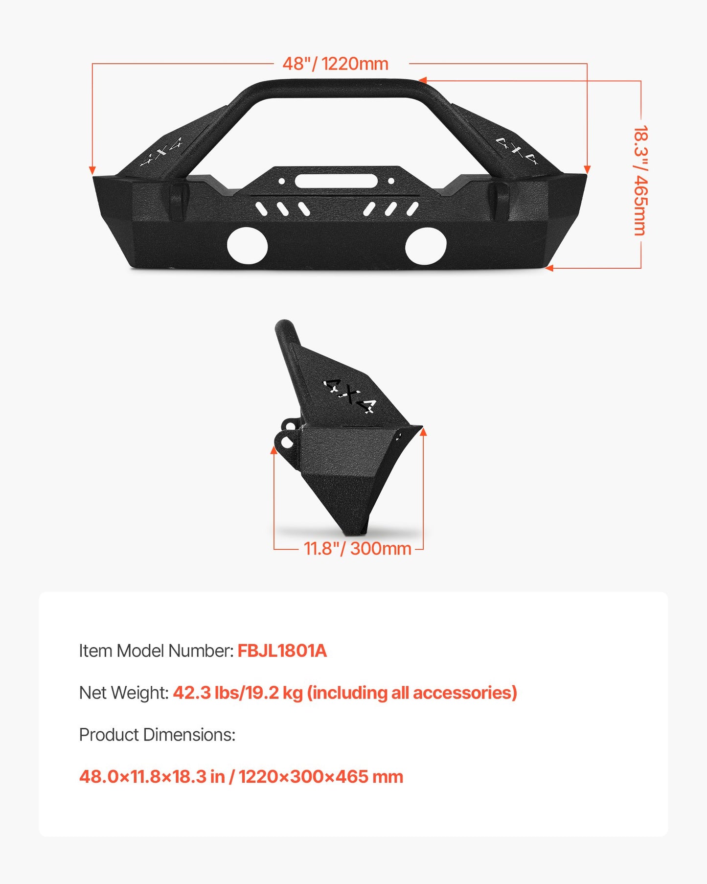 Front Bumper Compatible with 2018-2024 Jeep Wrangler JL JLU & Gladiator JT, Heavy-Duty Steel Front Bumper with Winch Plate, D-Ring Mounts & Fog Light Housing