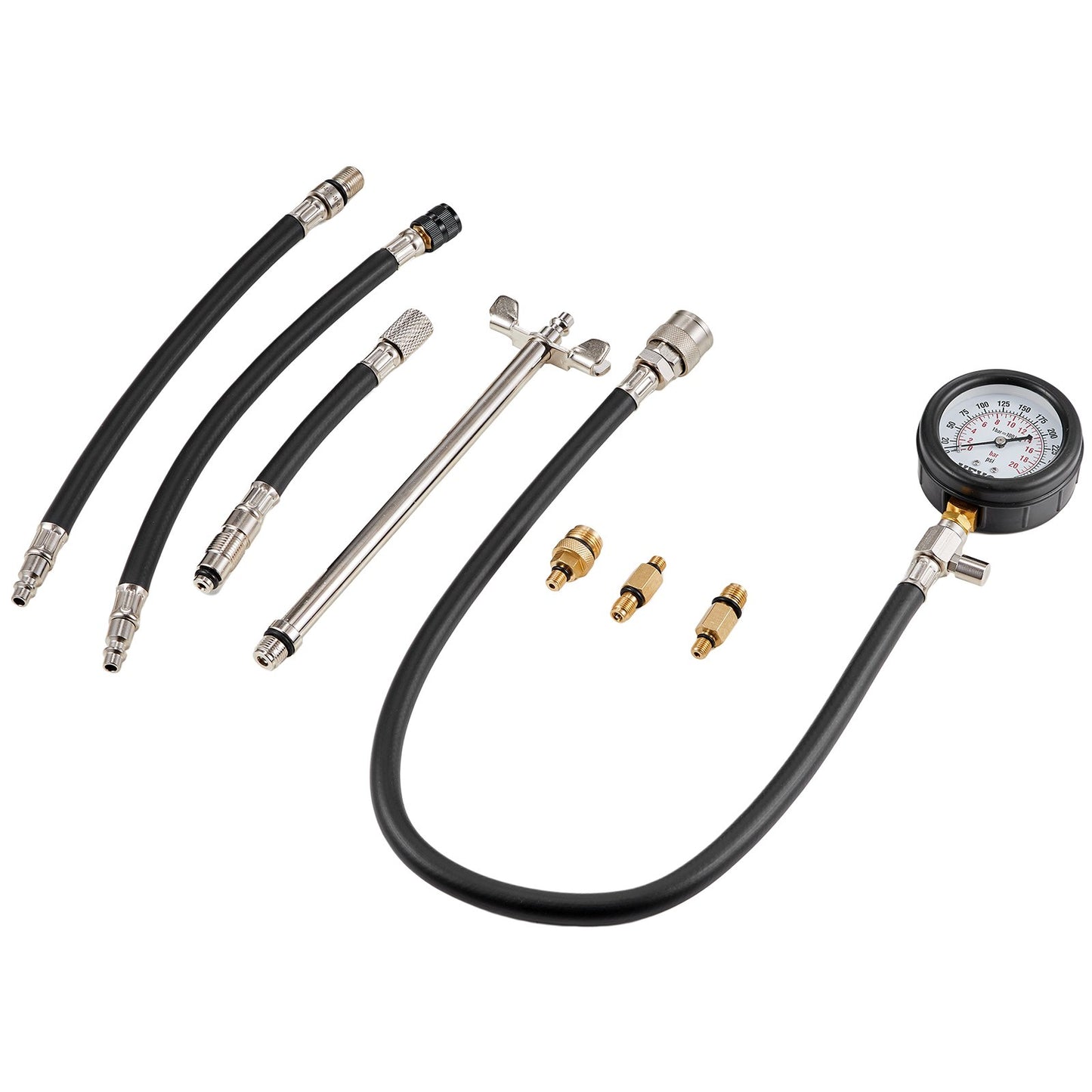 Compression Tester Adapter Kit, 9pcs Car Engine Cylinder Leak Down Compression Test, Accurate Dual Scale Pressure Gauge 0-300 psi, with Long Hoses and Housing for Engine Cylinders