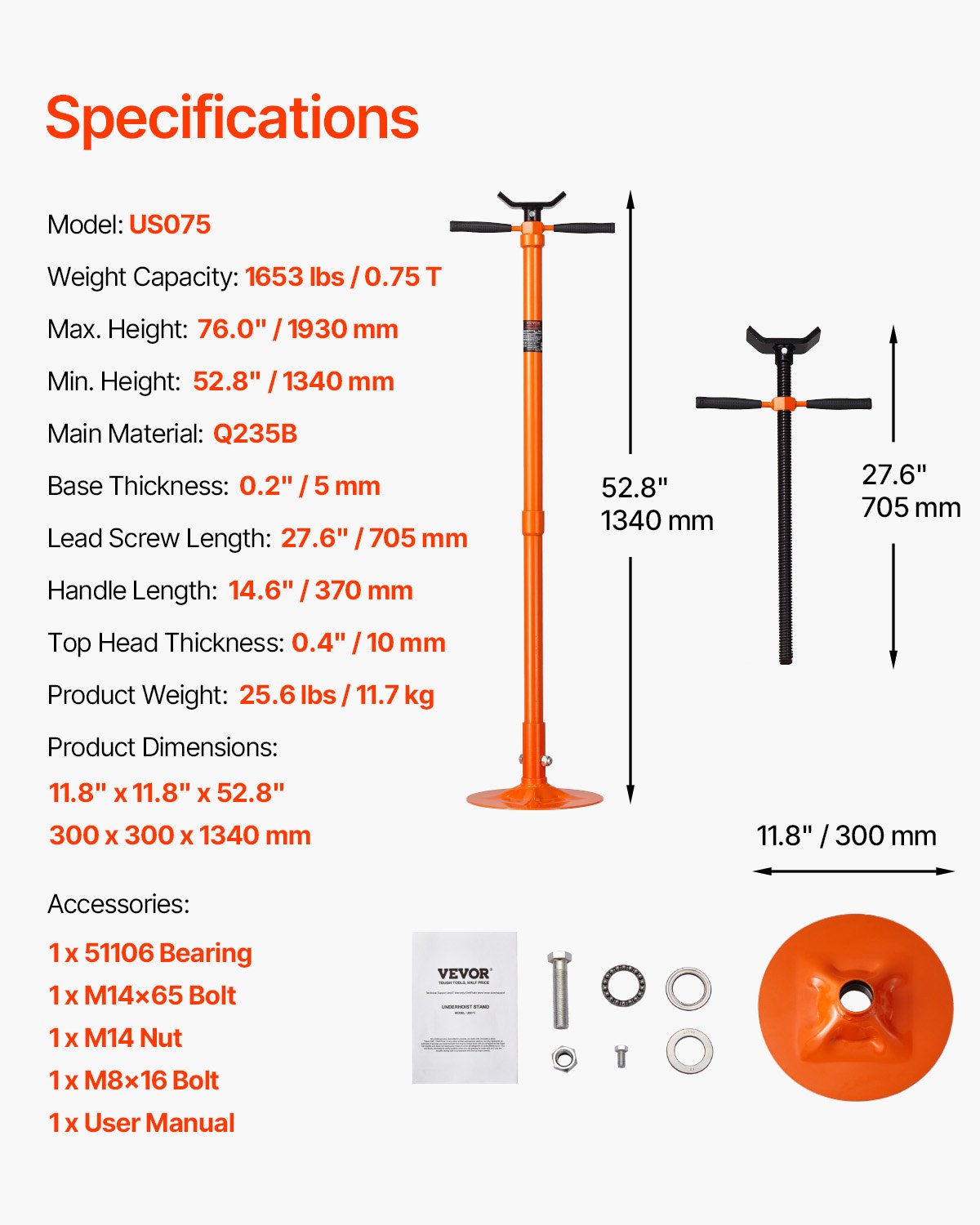 Underhoist Support Stand, 3/4 Ton Capacity Under Hoist Jack Stand, Lifting from 52.8 to 76 in, Self-Locking Threaded Screw, Bearing Mounted Spin Handle Pole Jack, Support Vehicle Components