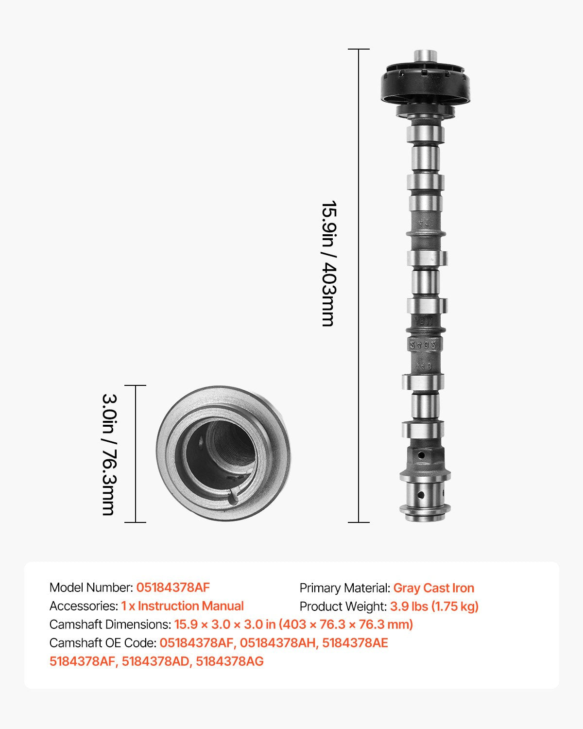 Engine Camshaft, 05184378AF 05184378AH 5184378AE 5184378AF 5184378AD 5184378AG Cam Replacement, Fit 2018 Jeep Wrangler JK, 2011-2019 Dodge Journey, 2013-2018 Ram 1500, 2012 Ram C/V Base, 3.6L V6