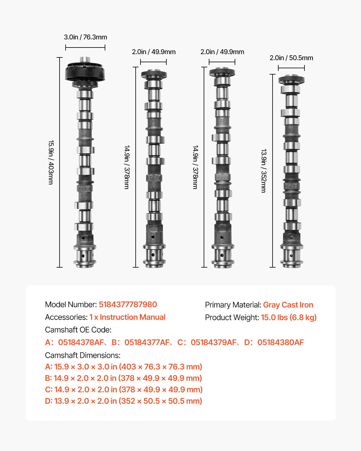 4Pcs Engine Camshaft Set, 05184378AF 05184377AF 05184379AF 05184380A, Fit 2011-2015 Dodge Durango, 2012-2016 Jeep Wrangler, 2014-2016 RAM Promaster 1500/2500/3500, 3.6L