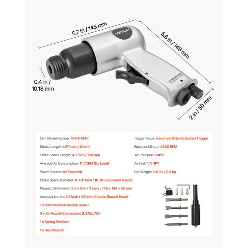 Drucklufthammer 4500 BPM Pneumatischer Hammer mit Luftnadelreiniger und 4 Meißeln | EU