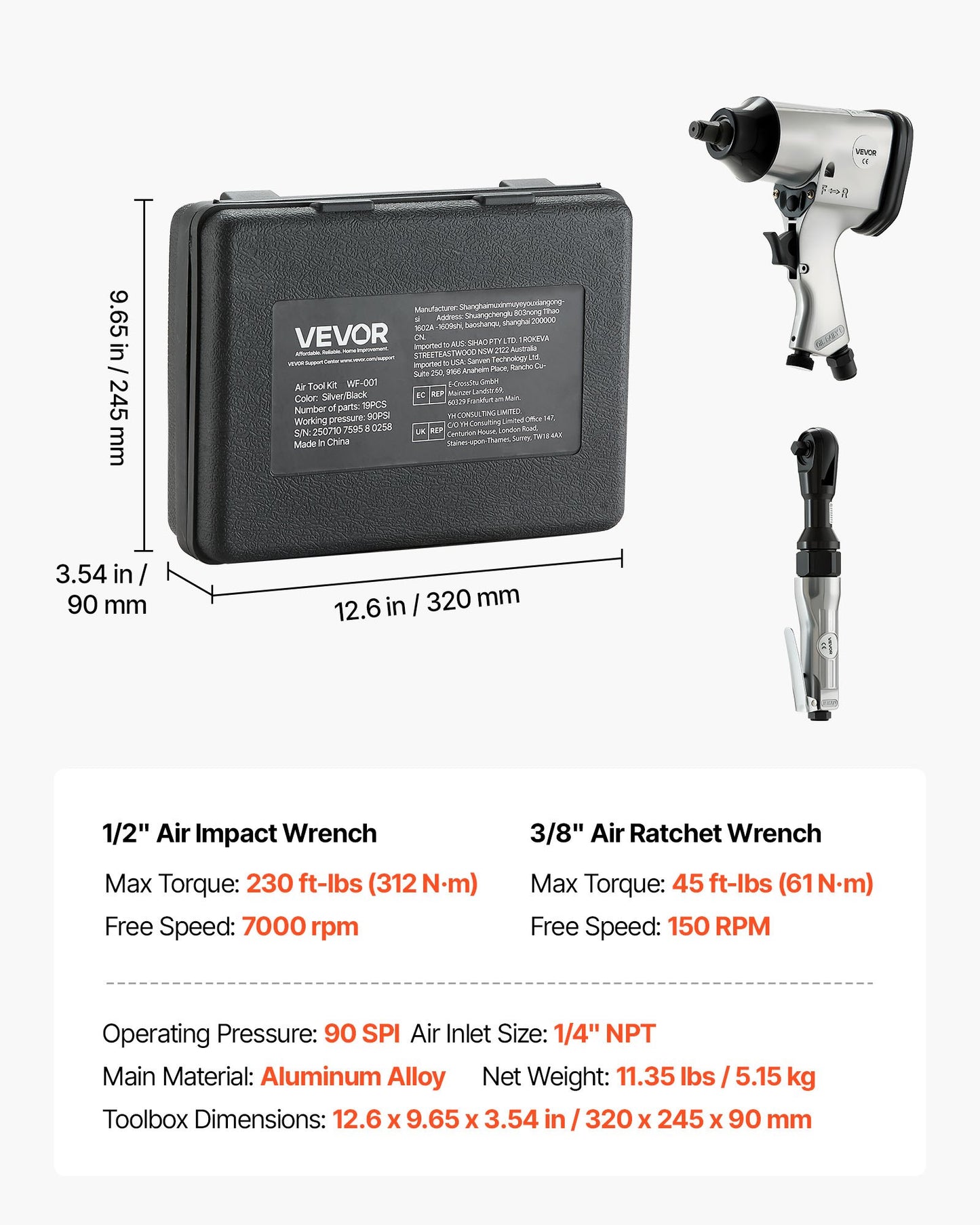1/2" Air Impact Wrench & 3/8" Ratchet Wrench Combo, 19 Pieces Pro Air Tool and Accessories Kit - Includes 10PCS CR-V Steel Impact Socket Set & Carrying Case for Auto Repair, Home DIY Projects