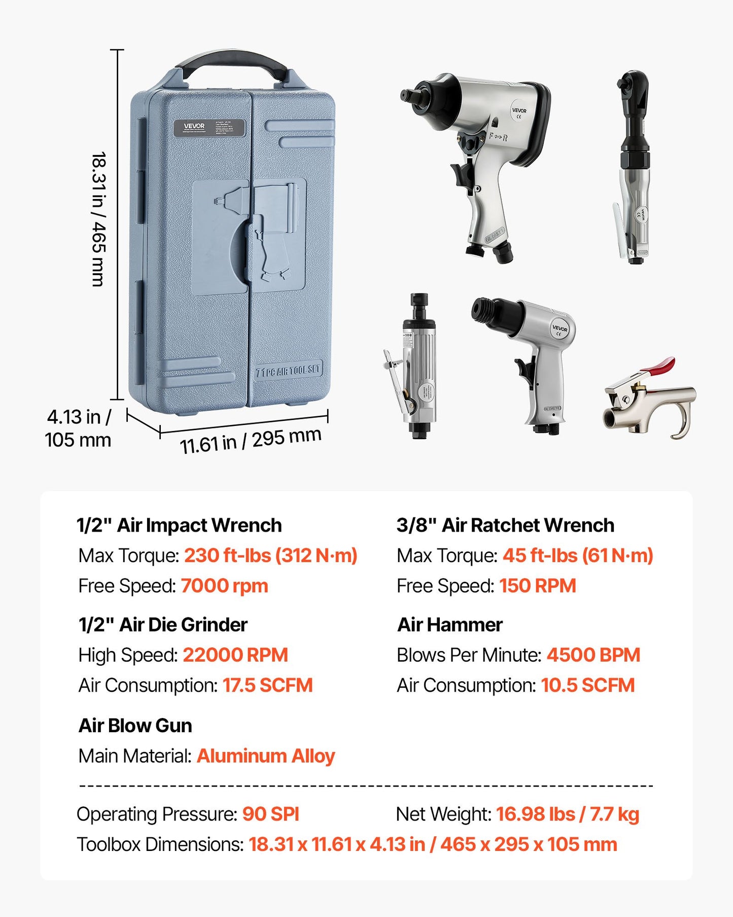 71 Pieces Pro Air Tool and Accessories Kit - 1/2" Air Impact Wrench, 3/8" Ratchet Wrench, 1/2" Die Grinder, 4500BPM Hammer, Blow Gun for Auto Repair, Home DIY Project - Storage Case Included