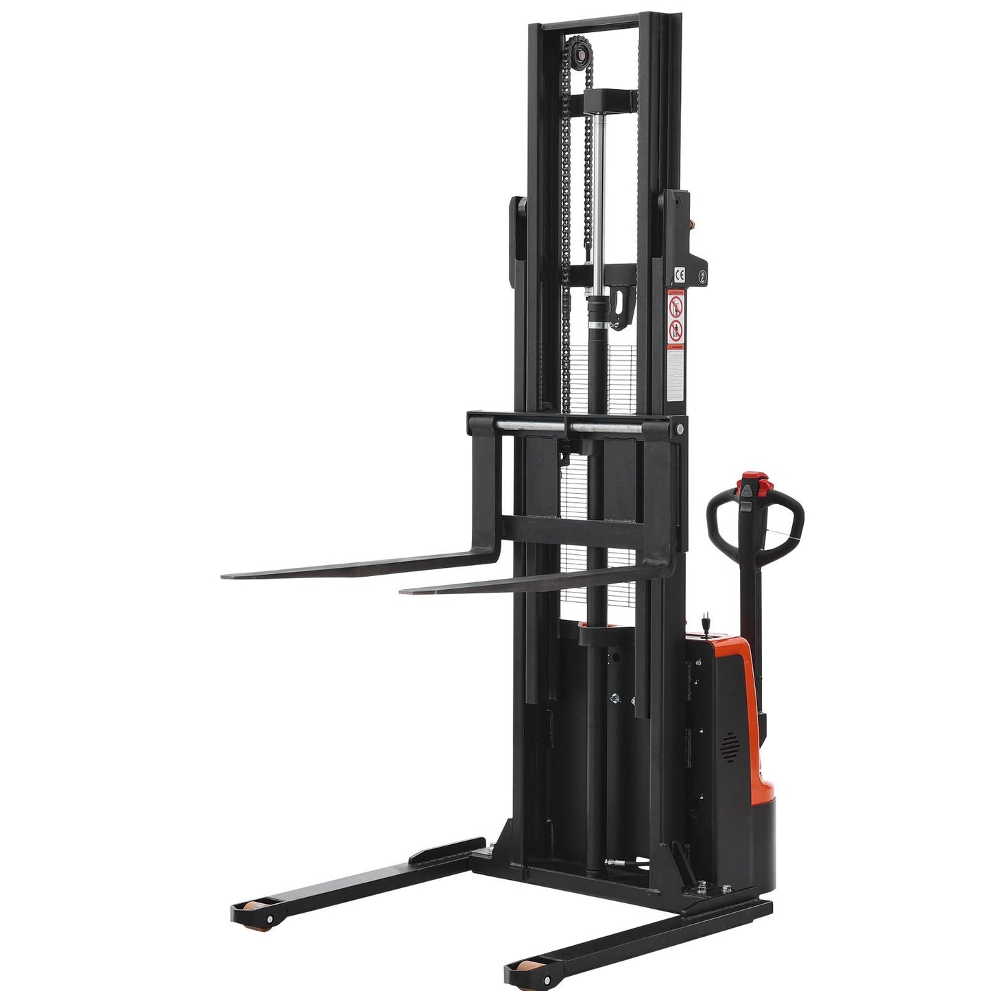 Full Electric Pallet Stacker, 3300 lbs Capacity, Pallet Lift Stacker Forklift with Straddle Legs & Forks, 127.6 Inches Lifting Height & 8.66-31.1 Inches Adjustable Fork Width, Orange & Black