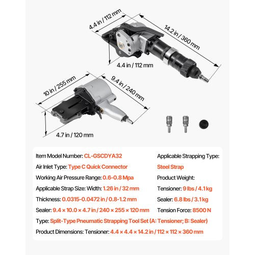 Pneumatisk stålbandningsmaskin, 8500 N spänningskraft, metallbandningsverktyg, spännare och skärförslutare för 32 mm breda metallband, kraftig delad balpress för höghållfasta förpackningar | EU