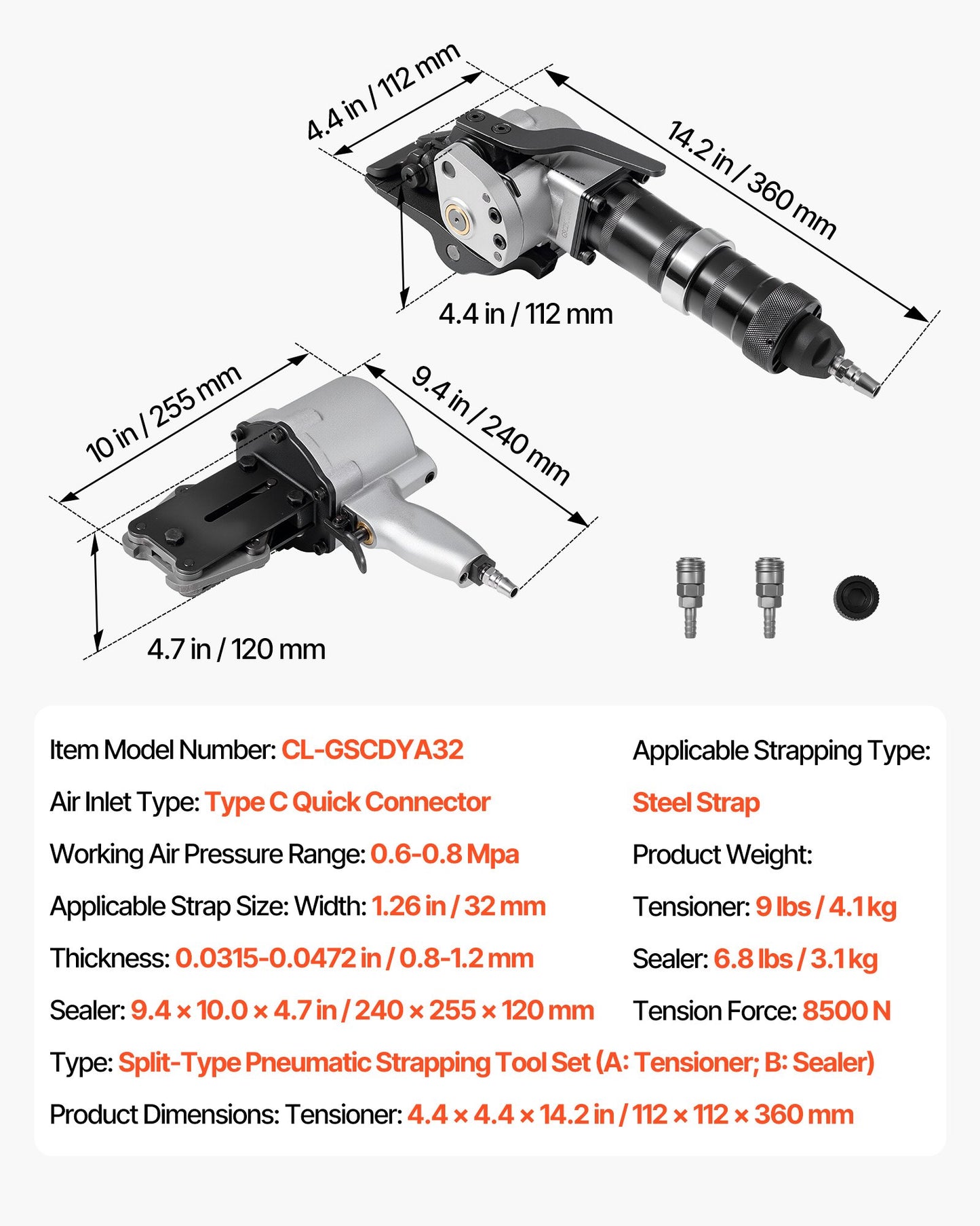 Pneumatic Steel Strapping Machine, 8500 N Tension Force, Metal Strapping Tool Tensioner and Cutter Sealer for 1.26 in Width Metal Belt, Heavy Duty Split Type Baler for High Tensile Packaging
