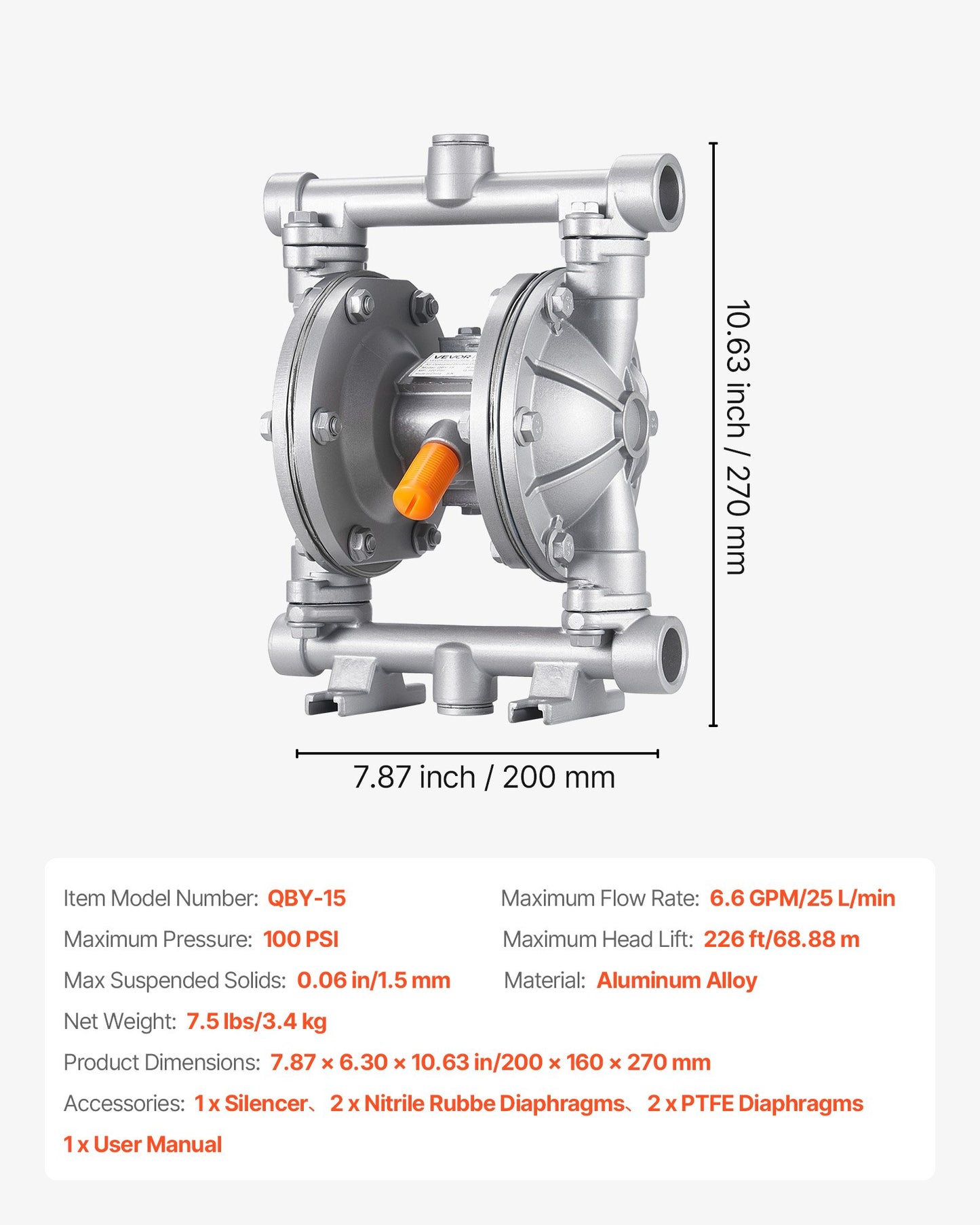 Air Operated Double Diaphragm Pump, 6.6 GPM, 3/8 inch Inlet & Outlet Pneumatic Waste Oil Transfer Pump, Max 100 PSI, Aluminum Alloy Body, Air-Operated for Diesel, Grease, Kerosene, Gasoline