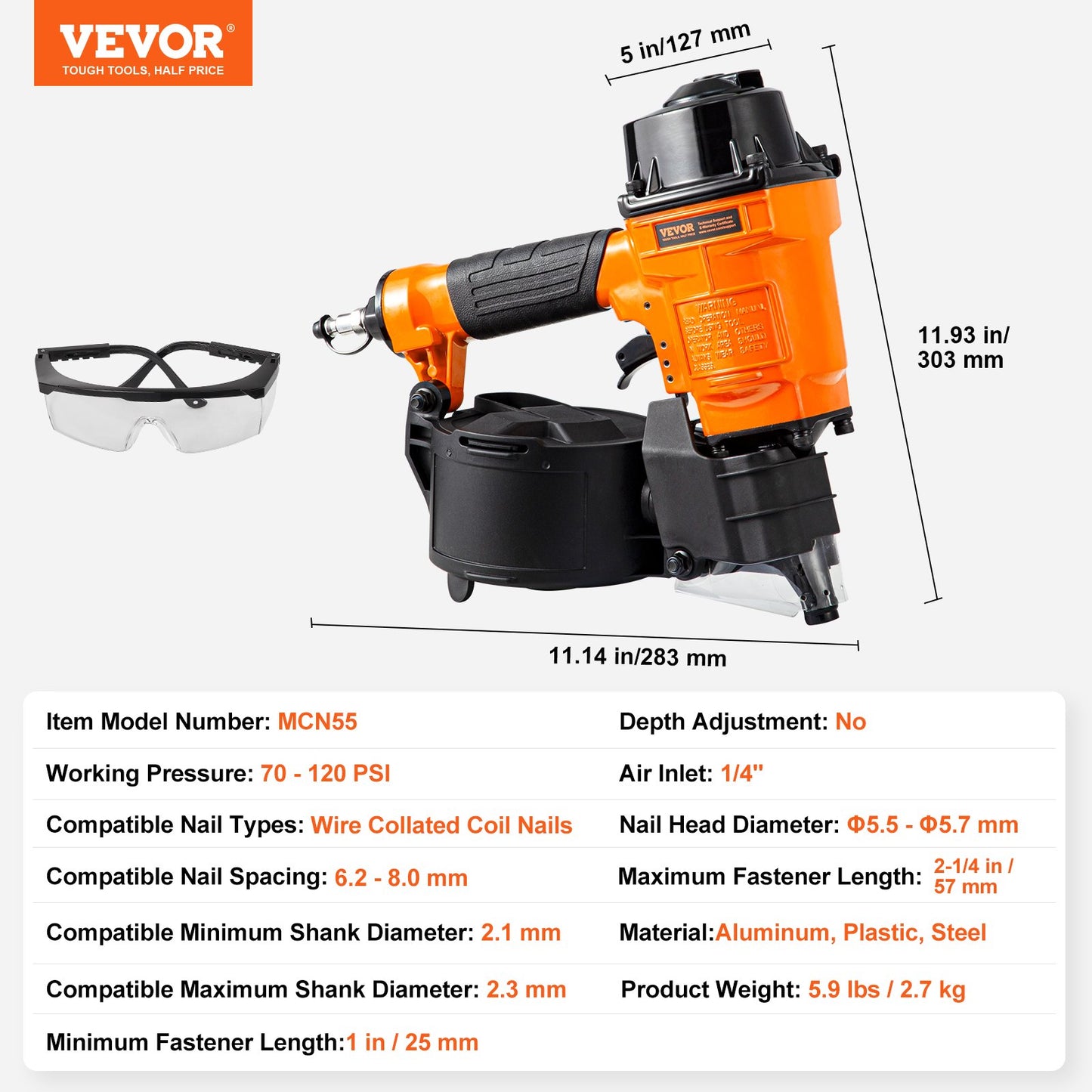 Coil Siding Nailer MCN55, 1 inch to 2-1/4 inch 15 Degree Pneumatic Siding Nail Gun, 70-120PSI Air Coil Nailer for Siding, Pallet Sheathing, Fencing, Decking