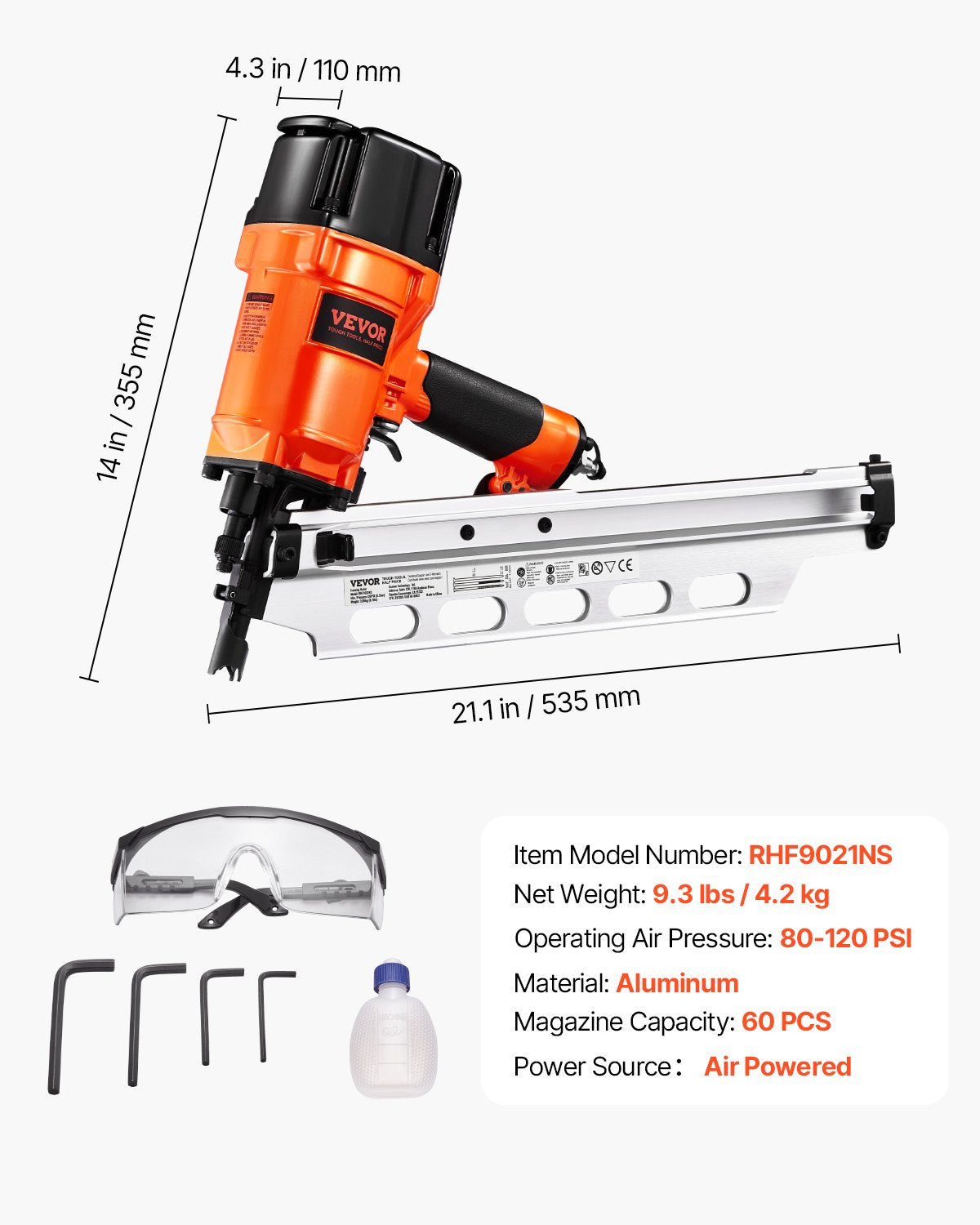 Framing Nailer, 2" to 3-1/2" 21 Degree Full Round Head Pneumatic Framing Nailer with Dual Trigger Modes & Tool-Less Depth Adjustment, 80-120PSI Pro Air Nail Gun for Framing Flooring Decking