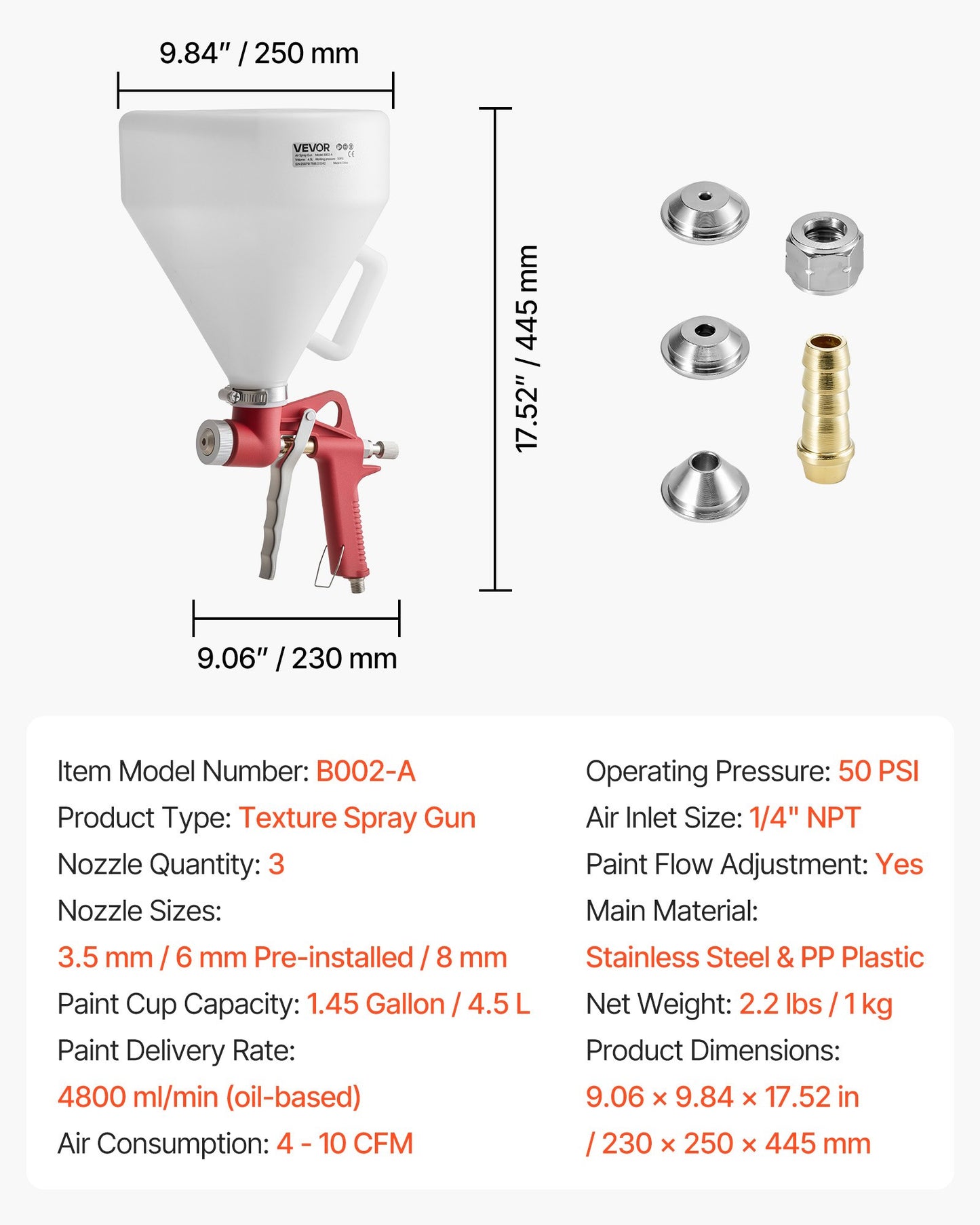 Air Texture Spray Gun, 1.45 Gallon Air Hopper Spray Gun, Professional Drywall Texture Painting Sprayer with 3 Nozzles (3.5mm, 6mm, 8mm) for Popcorn, Knockdown, Orange Peel Textures