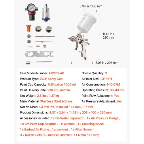 LVLP luftsprutpistol, självtrycksmatning med 3 munstycken (1,3/1,4/1,7 mm), 600 ml kapacitet för bilfärgspruta med luftregulator för möbler, billackering, heminredning | EU