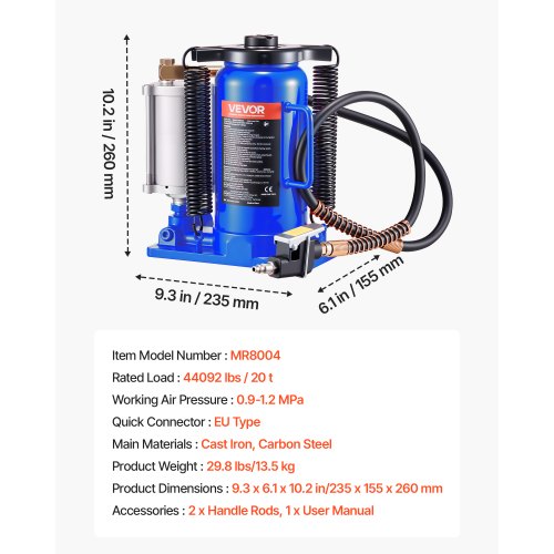 Lufthydraulischer Flaschenwagenheber, 20 Tonnen (44092 lb), Autoreparatur, Blau | EU