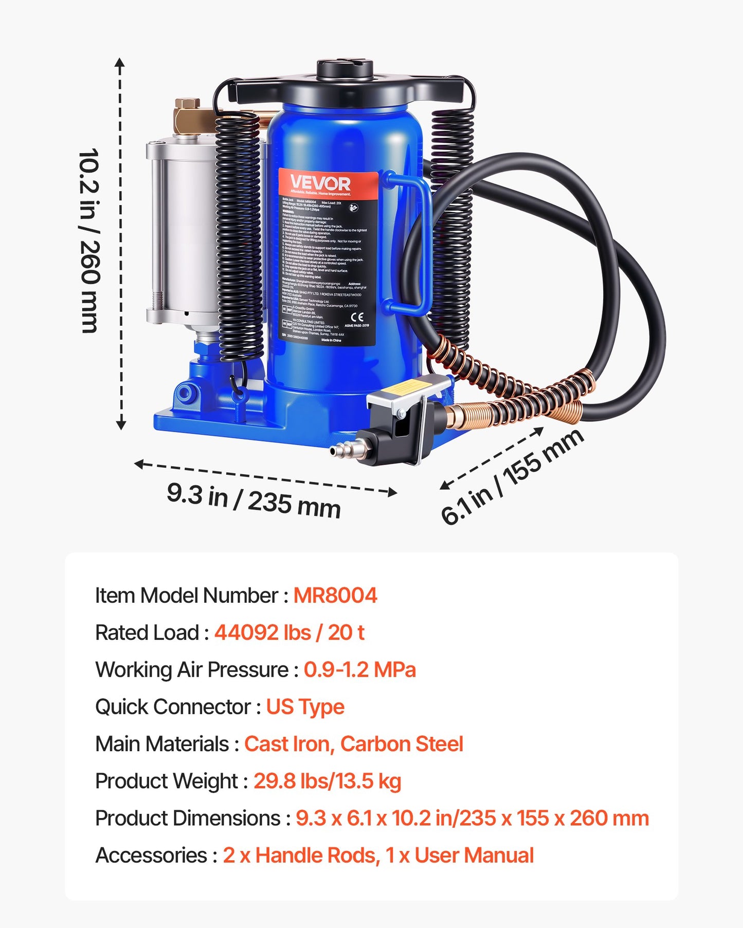 Air Hydraulic Bottle Jack, 20 Ton (44092 lbs) Capacity, 10.2-19.5 Inch Lifting Range, Pneumatic/Manual Heavy Duty Welded Bottle Jack with Pump for Car, SUV, Pickup, Truck, RV, Auto Repair, Blue