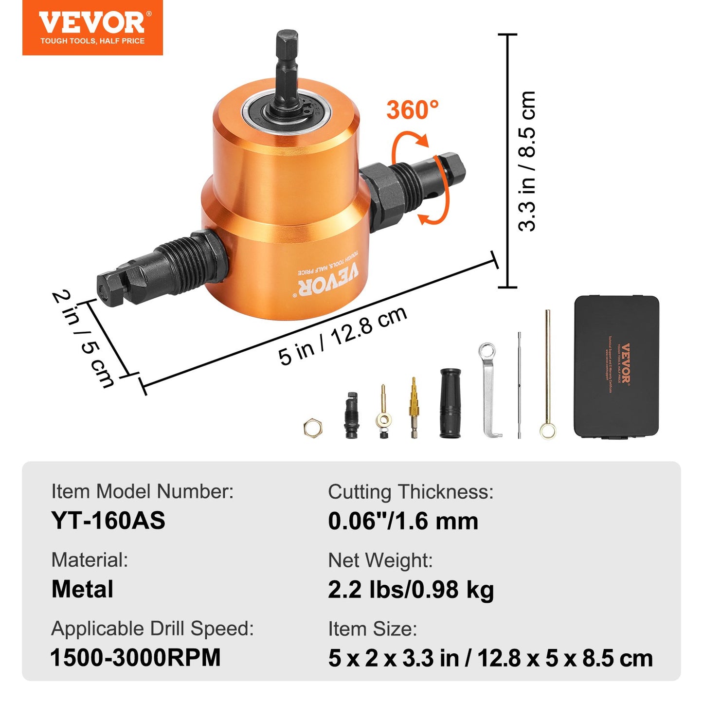 Double Head Sheet Metal Nibbler Cutter, 360 Degree Metal Nibbler Drill Attachment with Extra Punch and Die, Cutting Hole Accessory and Step Drill Bit, for Straight Curve and Circle Cutting