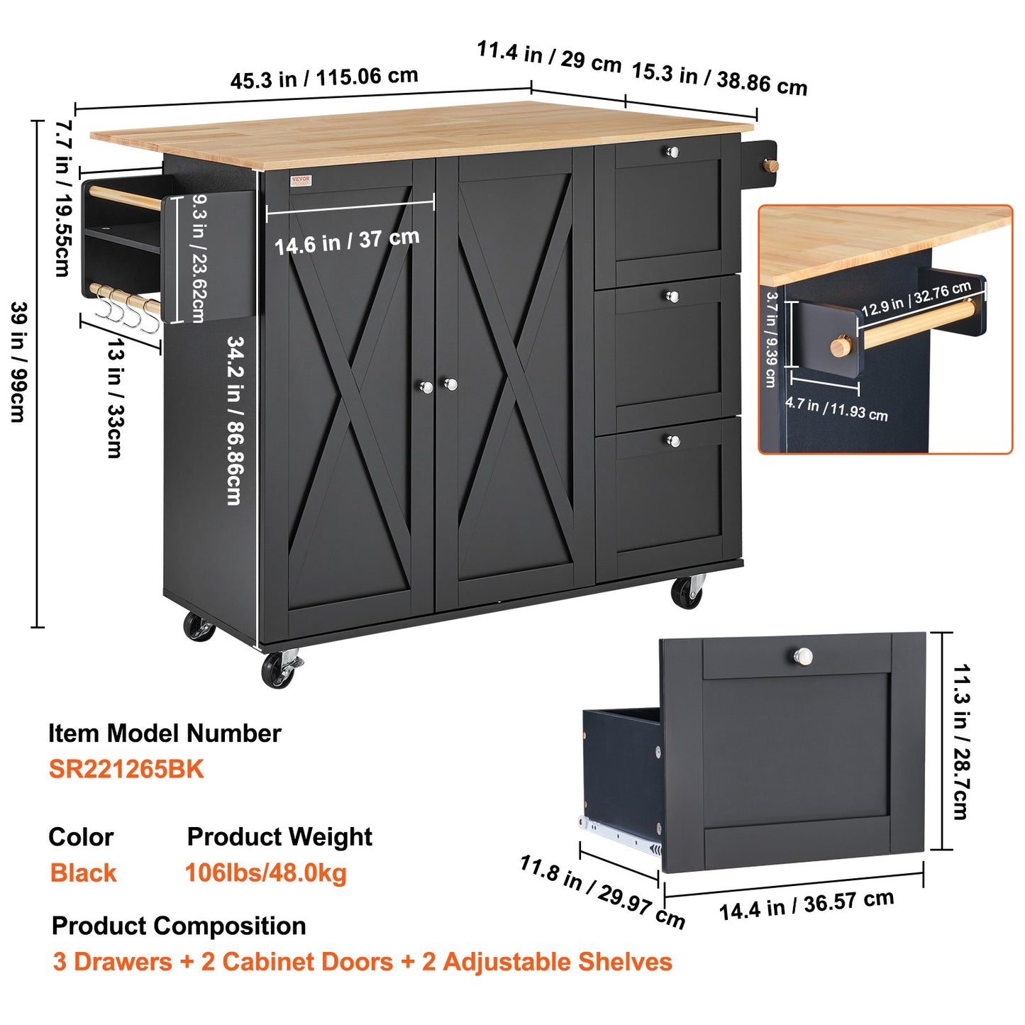 Kitchen Island Cart, 56" Wood Top Mobile Carts with Storage Cabinet, Rolling Table with Drop Leaf, Spice Rack, Towel Bar, Adjustable Shelf, Drawer, and Hooks, Portable Islands on Wheels, Black