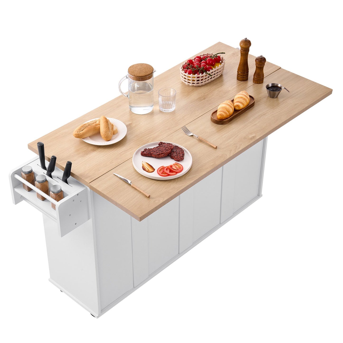 Kitchen Island Cart with Storage, 60in Wide Mobile Kitchen Cart with Wheels, Drop Leaf, 2 Drawers, Trash Can Cabinet, Knife Holder, Spice Rack, and Towel Rack, Table for Dining Room, Pantry