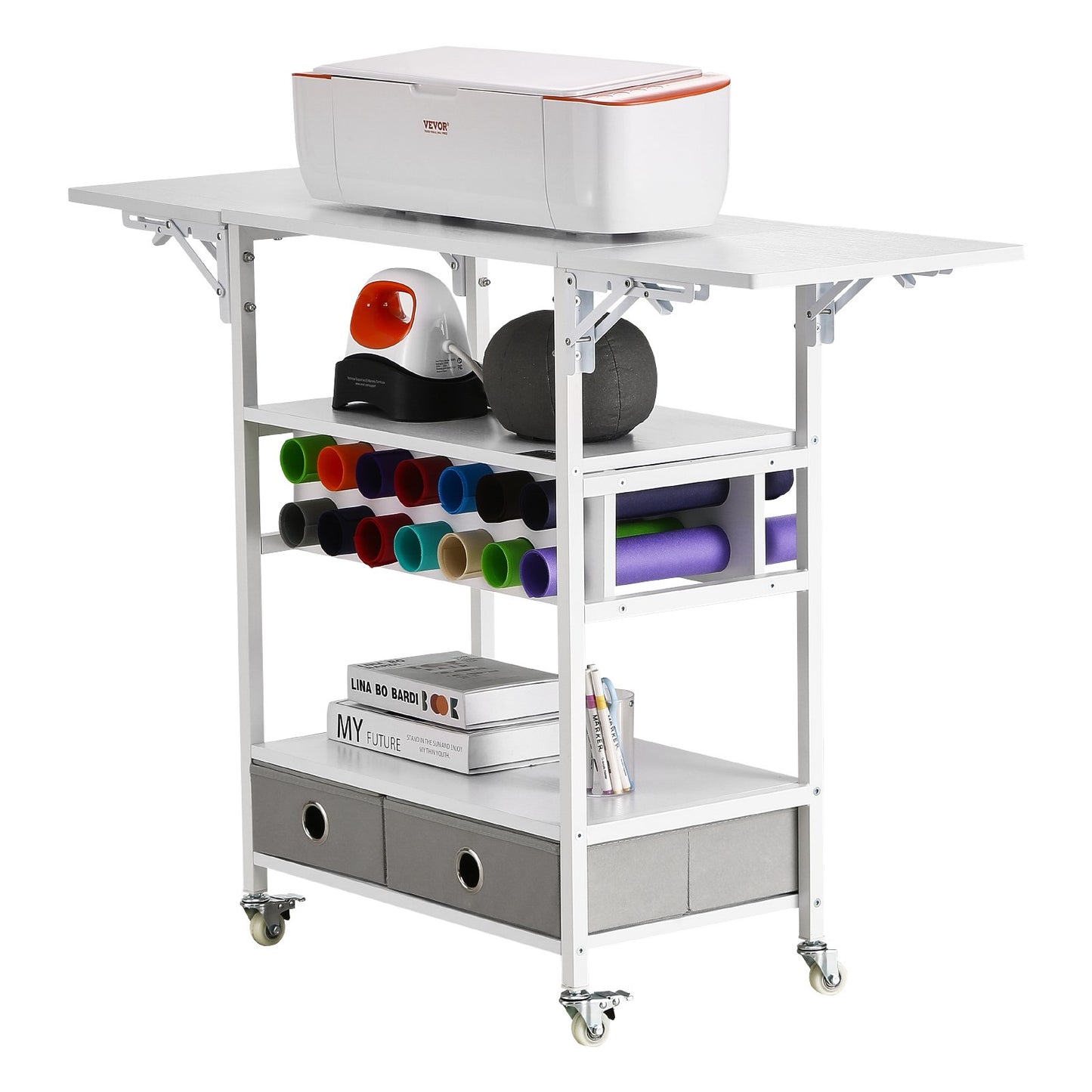Rolling Craft Cart and Storage Table, Compatible with Cricut Machines, Collapsible Cricut Table with Foldable Sides, Craft Rolling Storage Organizer with 14 Vinyl Roll Holders and 2 Drawers