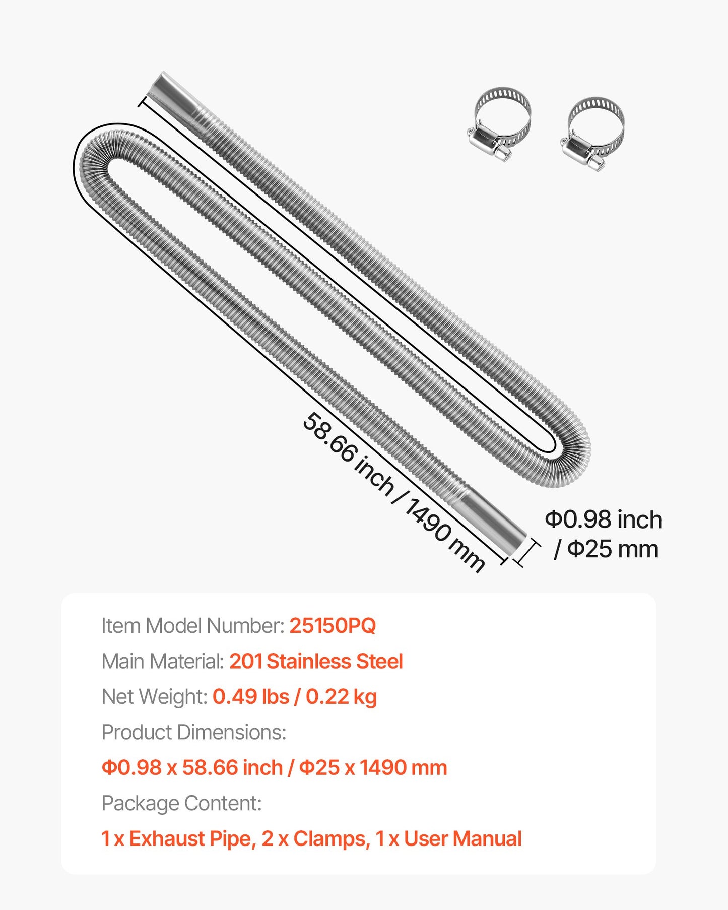 Exhaust Hose, 58.7 inch Stainless Steel Exhausts Hose, Diesel Heater Flexible Exhaust Pipe with 2 Hose Clamps, Exhausts Hoses Kit Diesel Heater Accessories for 2KW 5KW 8KW Diesels Heaters