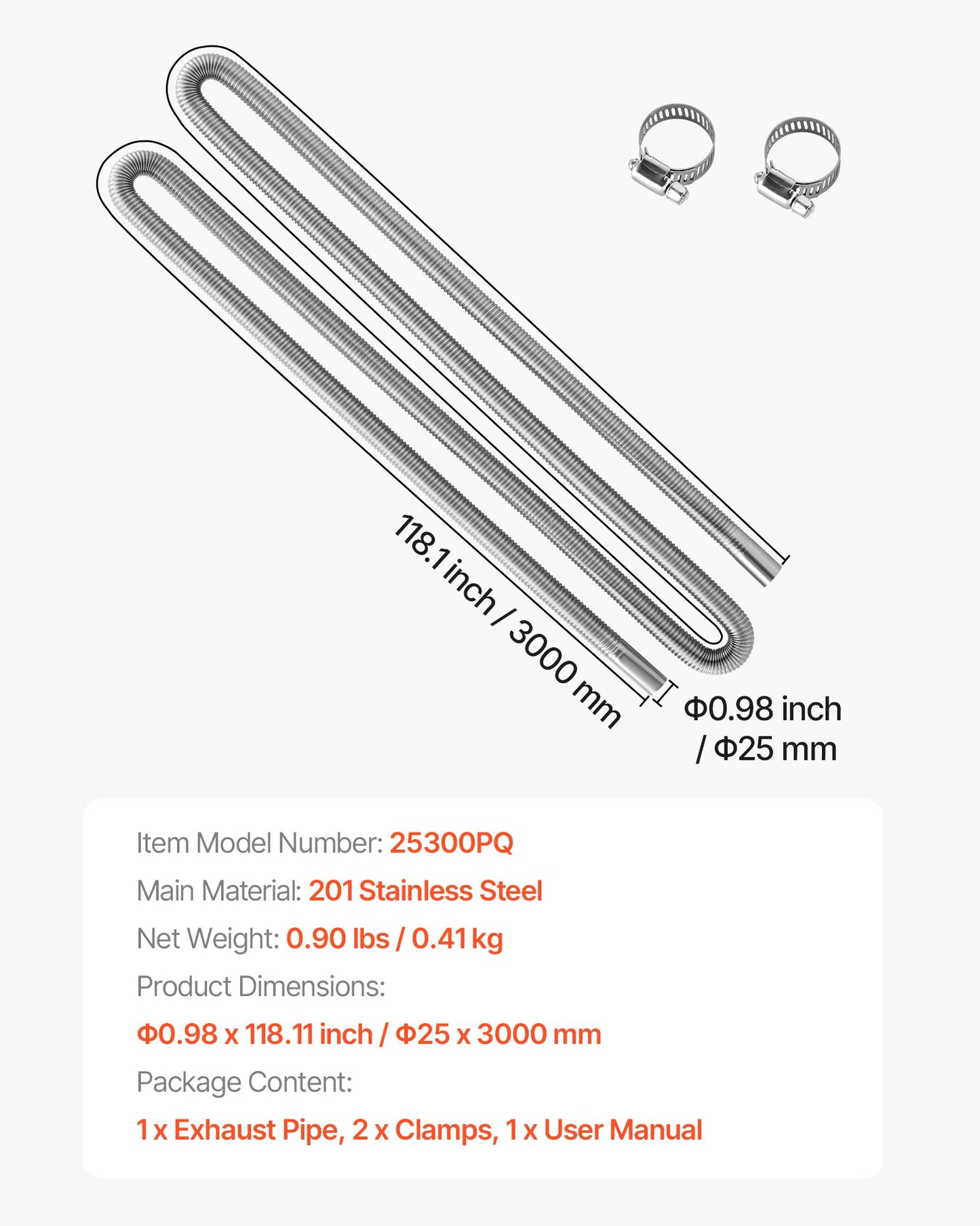 Exhaust Hose, 118.1 inch Stainless Steel Exhausts Hose, Diesel Heater Flexible Exhaust Pipe with 2 Hose Clamps, Exhausts Hoses Kit Diesel Heater Accessories for 2KW 5KW 8KW Diesels Heaters
