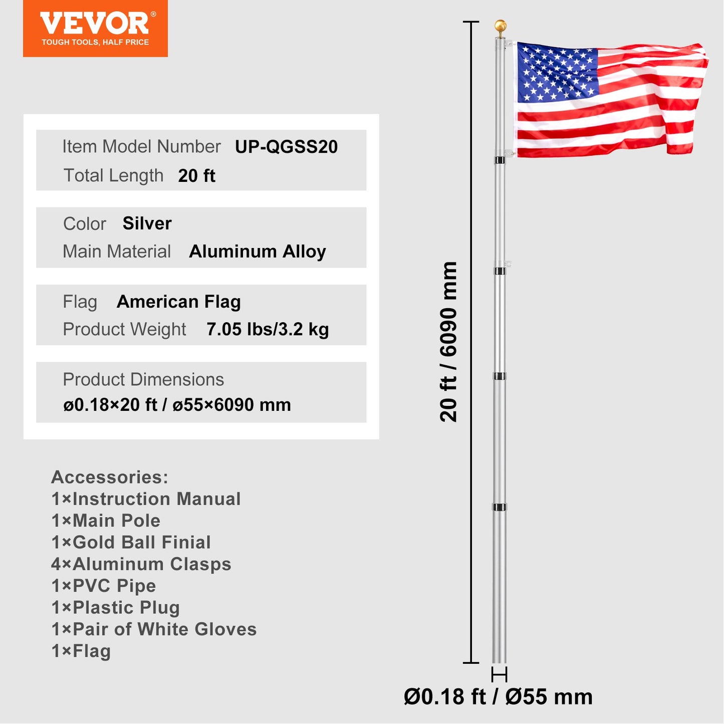 20FT Telescoping Flag pole Kit, Heavy Duty Aluminum Alloy in Ground Flag Poles for Outside, 3 Display Modes Flagpole with 3x5 American Flag, Professional Accessories, Silver