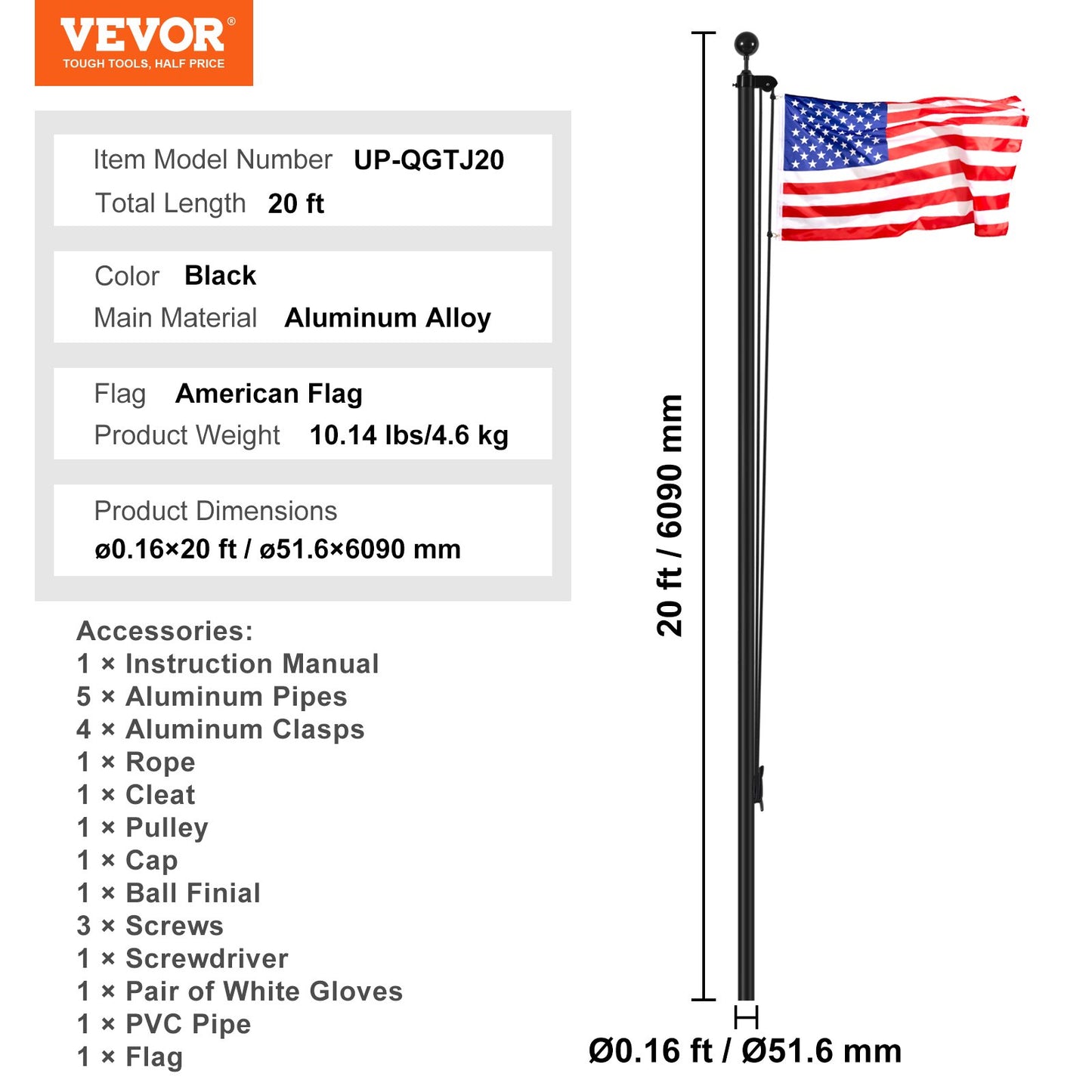 20FT Detachable Flagpole Kit Heavy Duty Aluminum Flag Pole American Black